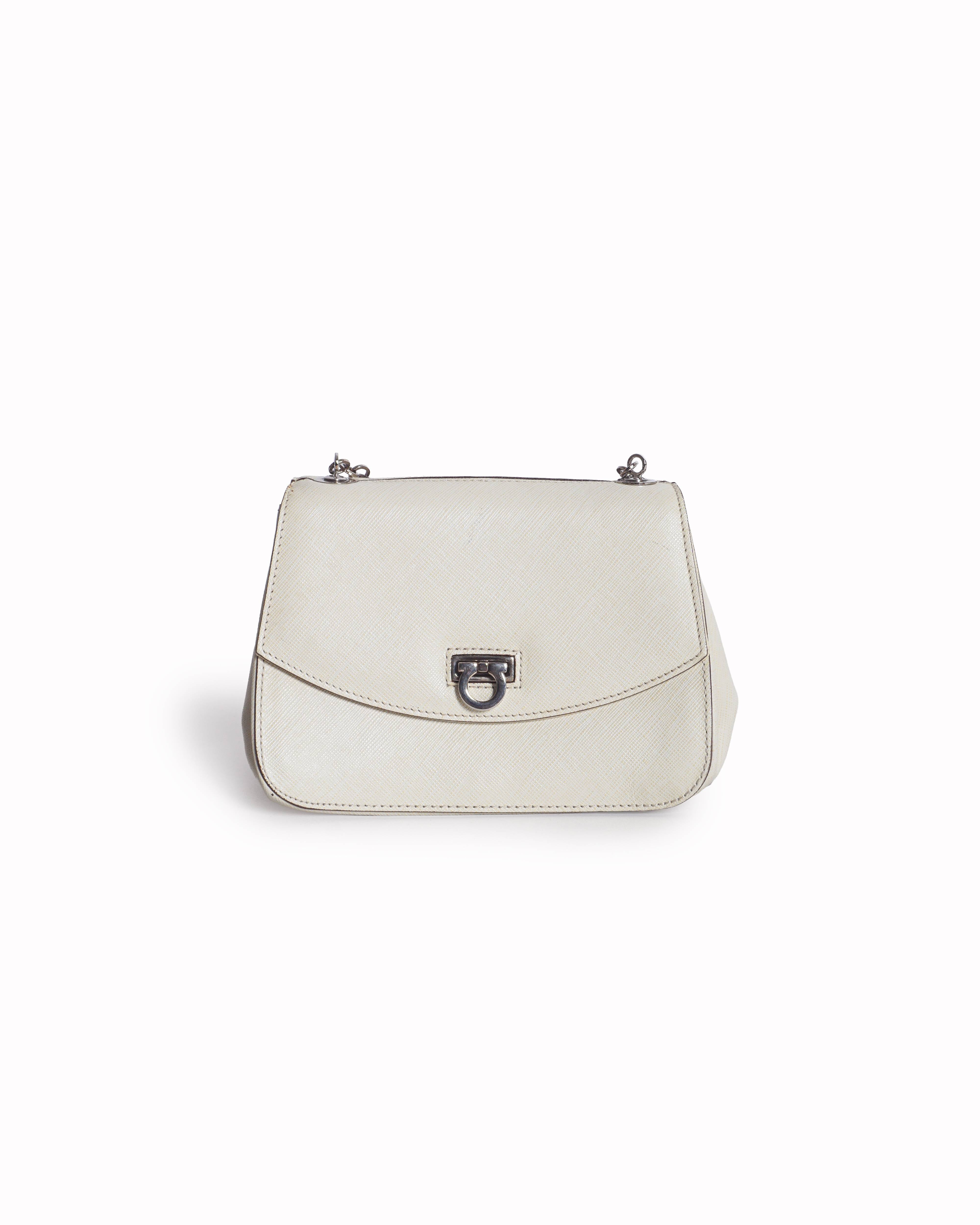 Salvatore Ferragamo Ivory Saffiano Leather Flap Chain Mini Crossbody Bag