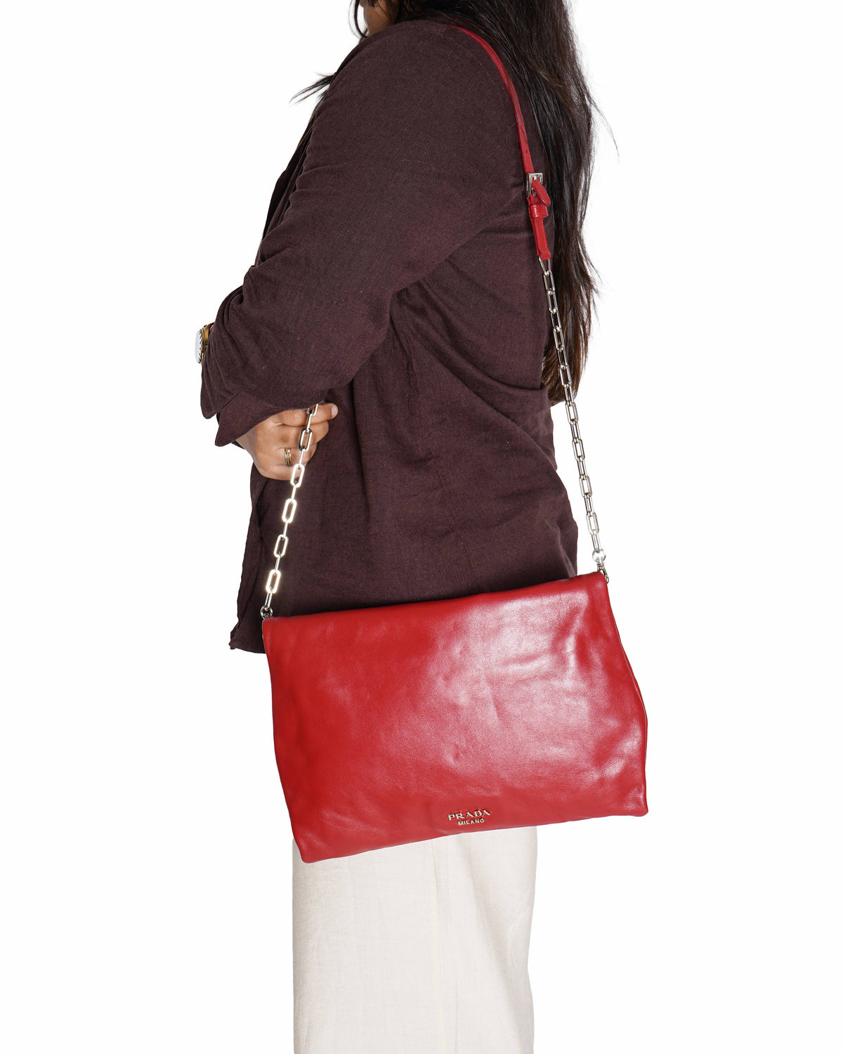 Prada Re-edition Leather Shoulder Bag In Red