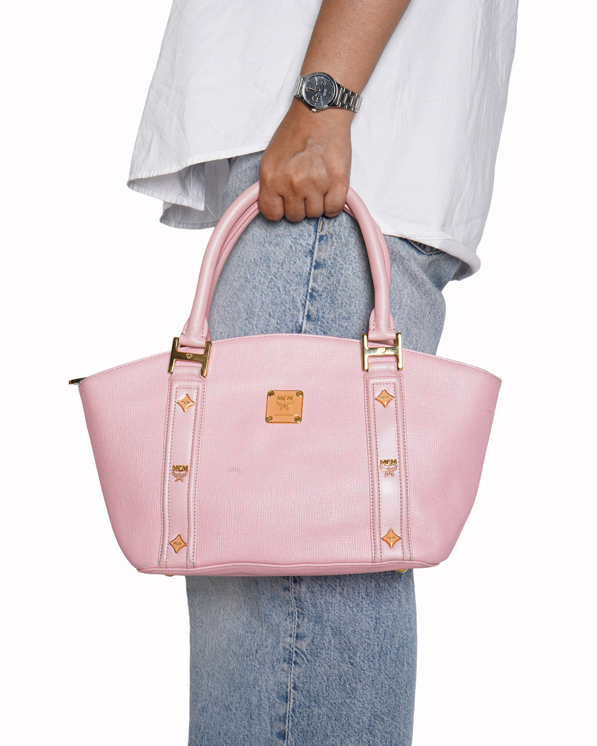 MCM pink leather zip tote bag