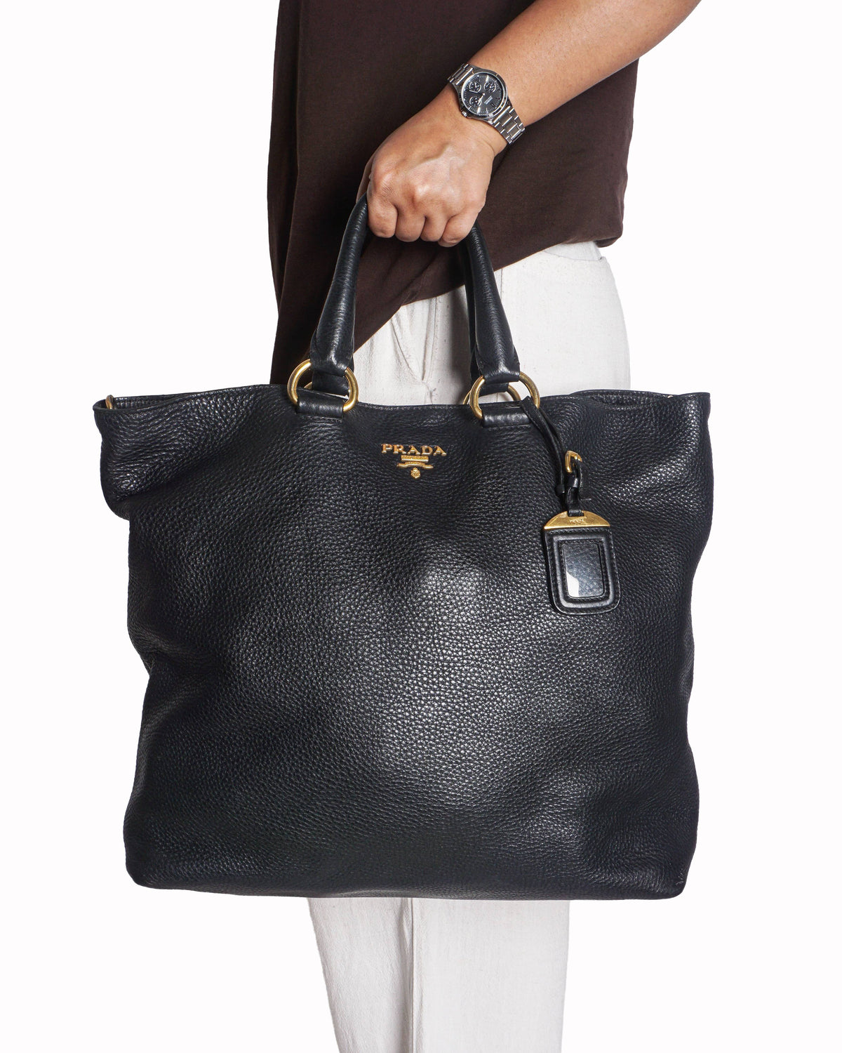 Prada Black Vitello Daino Leather Shopping Tote