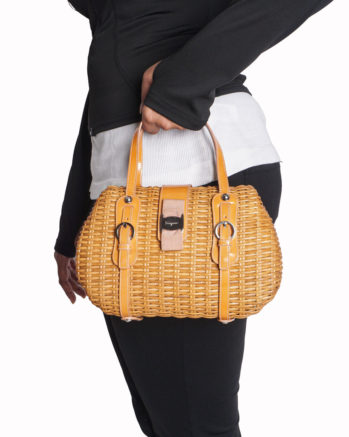 Salvatore Ferragamo Orange Patent Leather & Woven Raffia Vara Bow Bag
