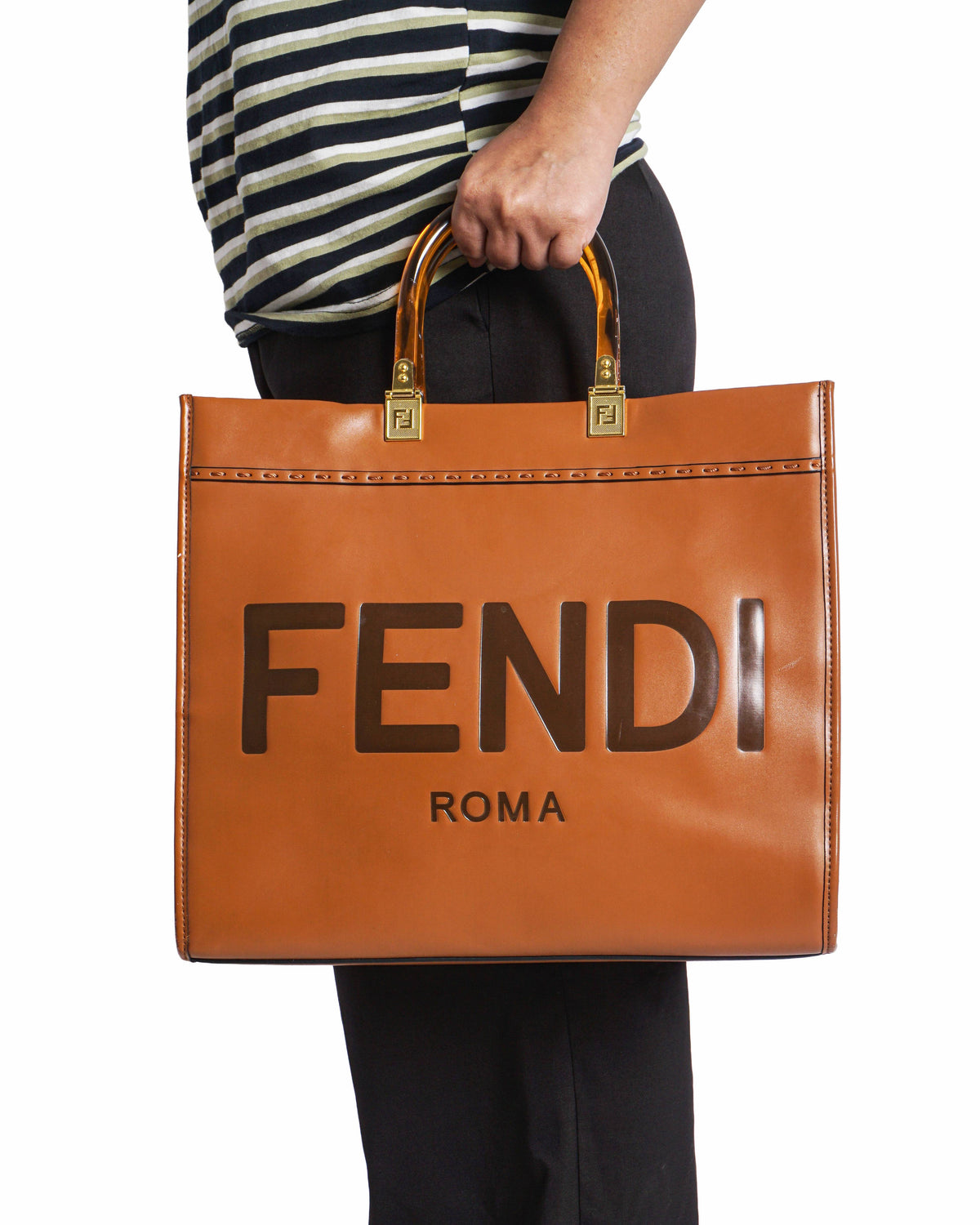 Fendi Sunshine Medium Brown Leather Shopper Tote