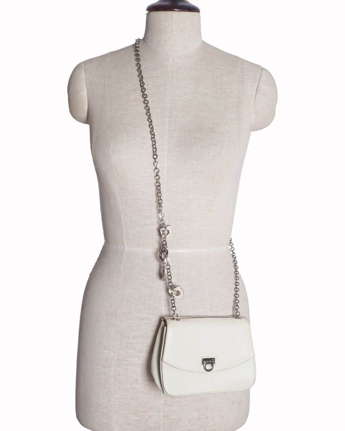 Salvatore Ferragamo Ivory Saffiano Leather Flap Chain Mini Crossbody Bag