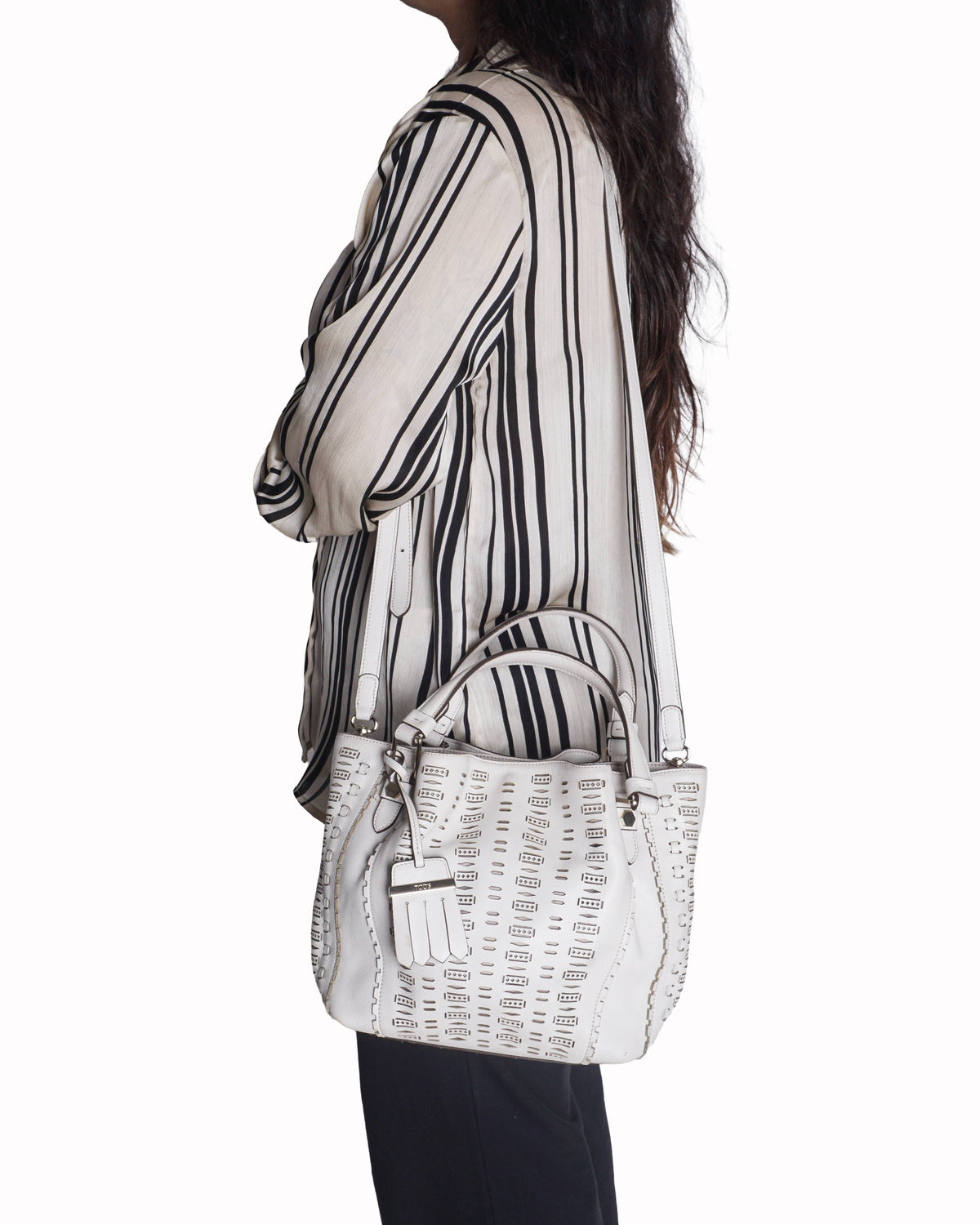 Tod's White Laser-Cut Perforated Leather Bucket Bag