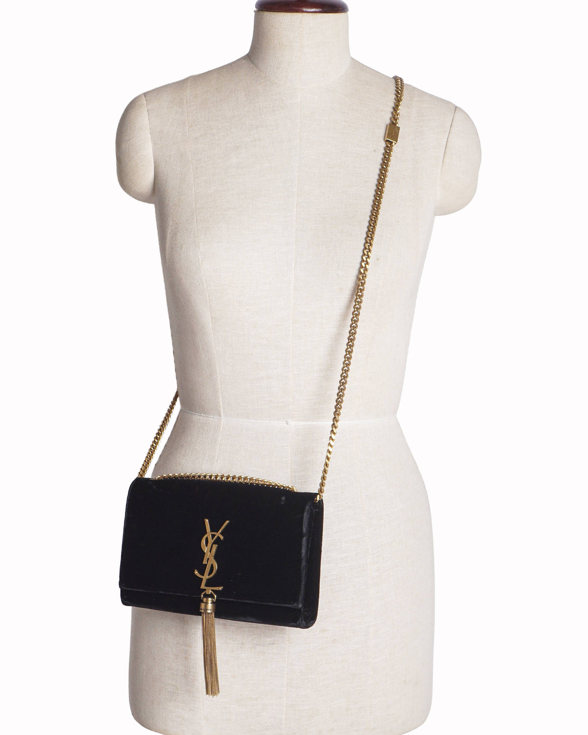 Saint Laurent Medium Black Velvet Monogram Kate Tassel Bag