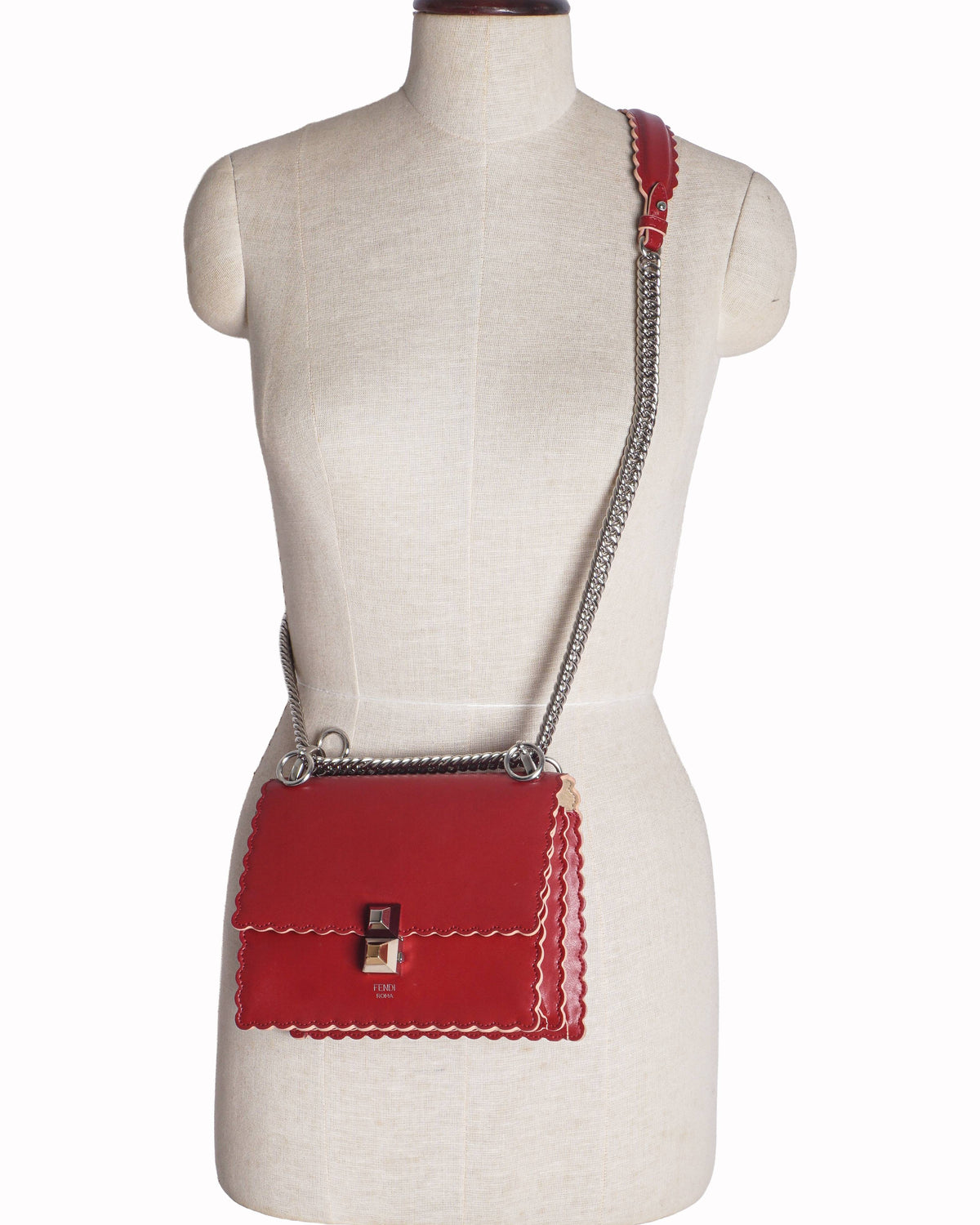 Fendi Small Red Leather Kan I Scalloped Shoulder Bag