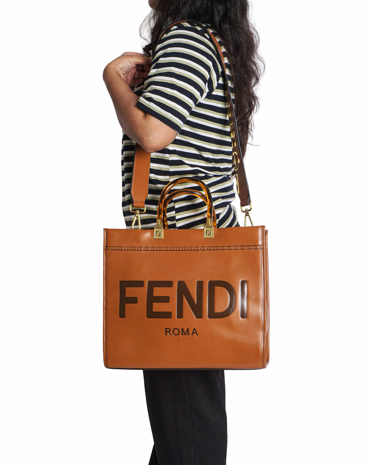 Fendi Sunshine Medium Brown Leather Shopper Tote