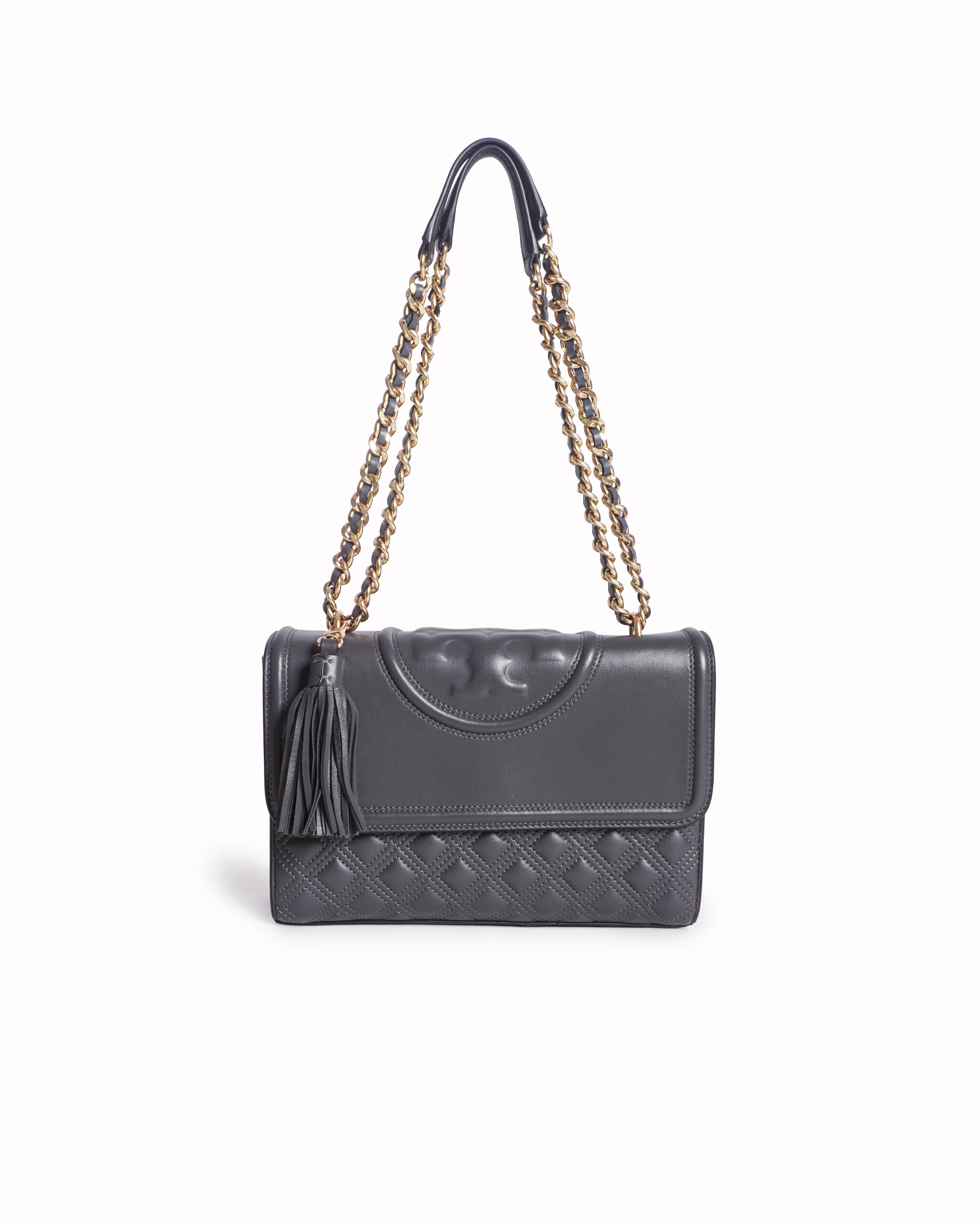 Tory Burch Grey Quilted Leather Fleming Convertible Shoulder Bag