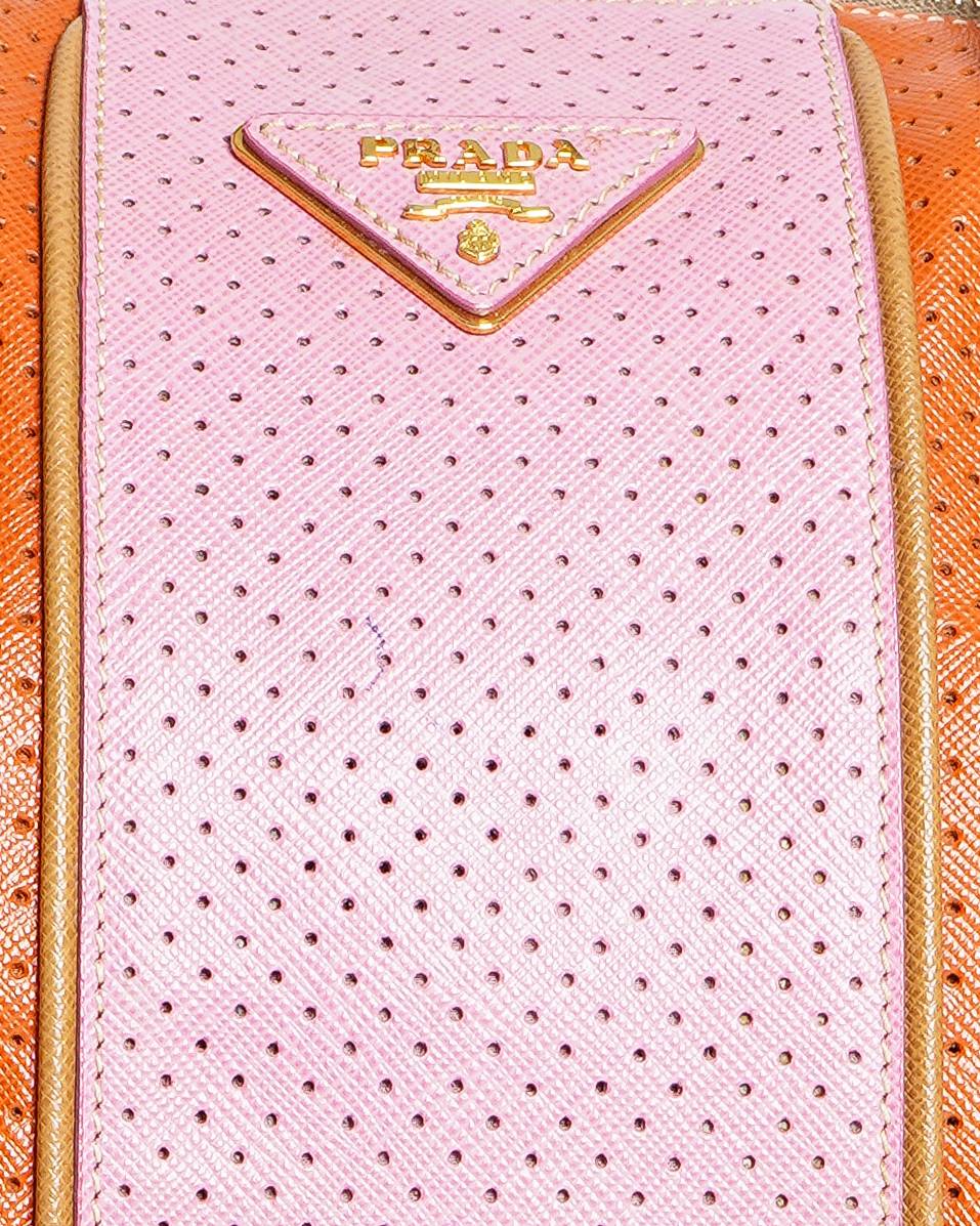 Prada Orange & Pink Perforated Saffiano Boston Bag