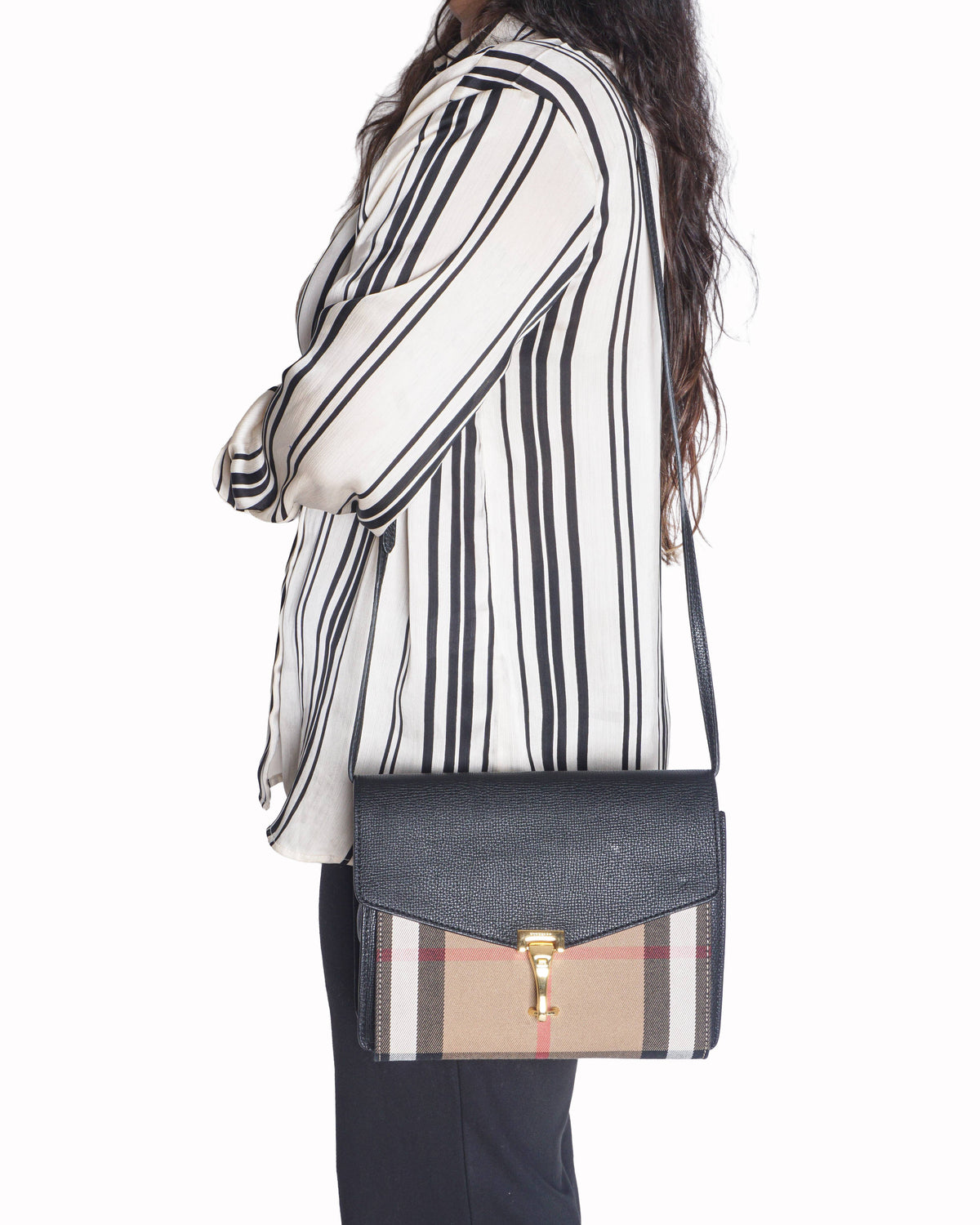 Burberry Macken Leather and House Check Canvas Small Shoulder Bag