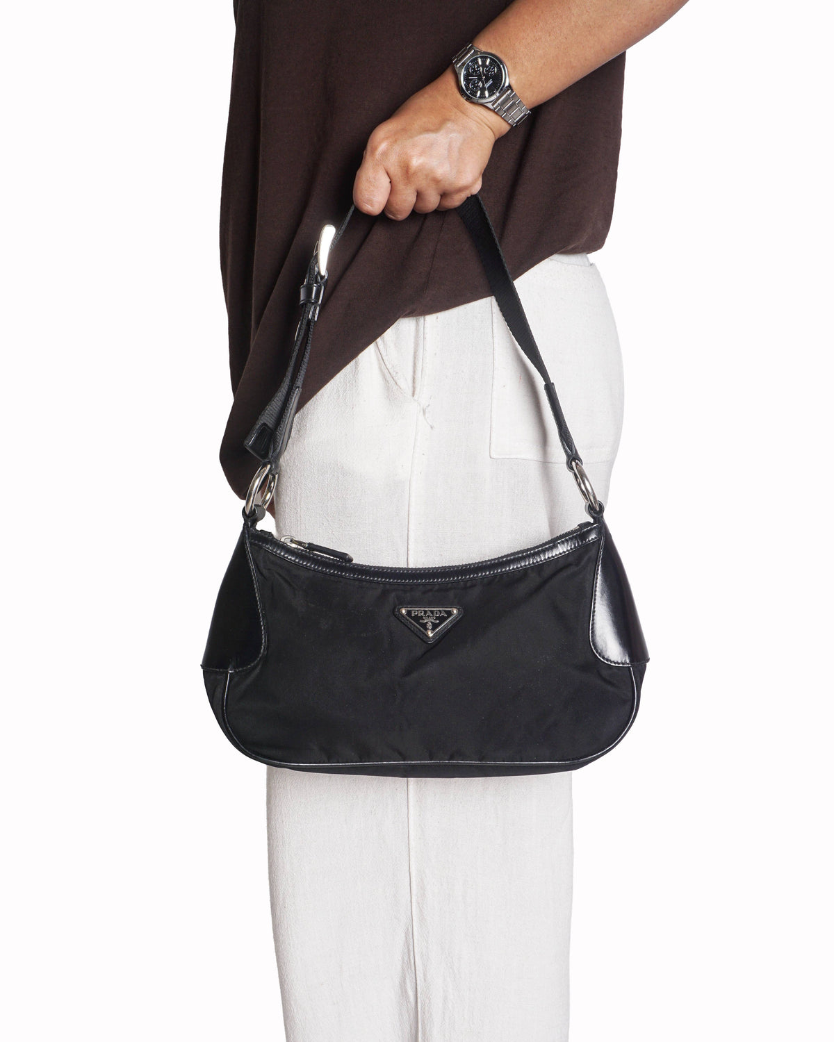Prada Black Re-Nylon Enamel Triangle Logo Shoulder Bag