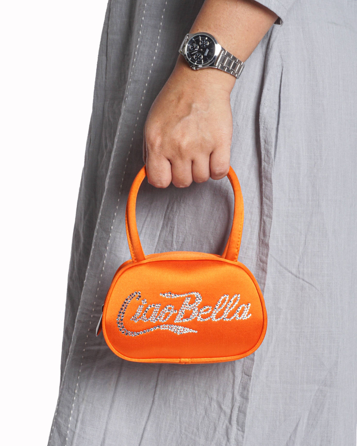 Amina Muaddi Supermini Ciao Bella Orange Satin Top Handle Bag