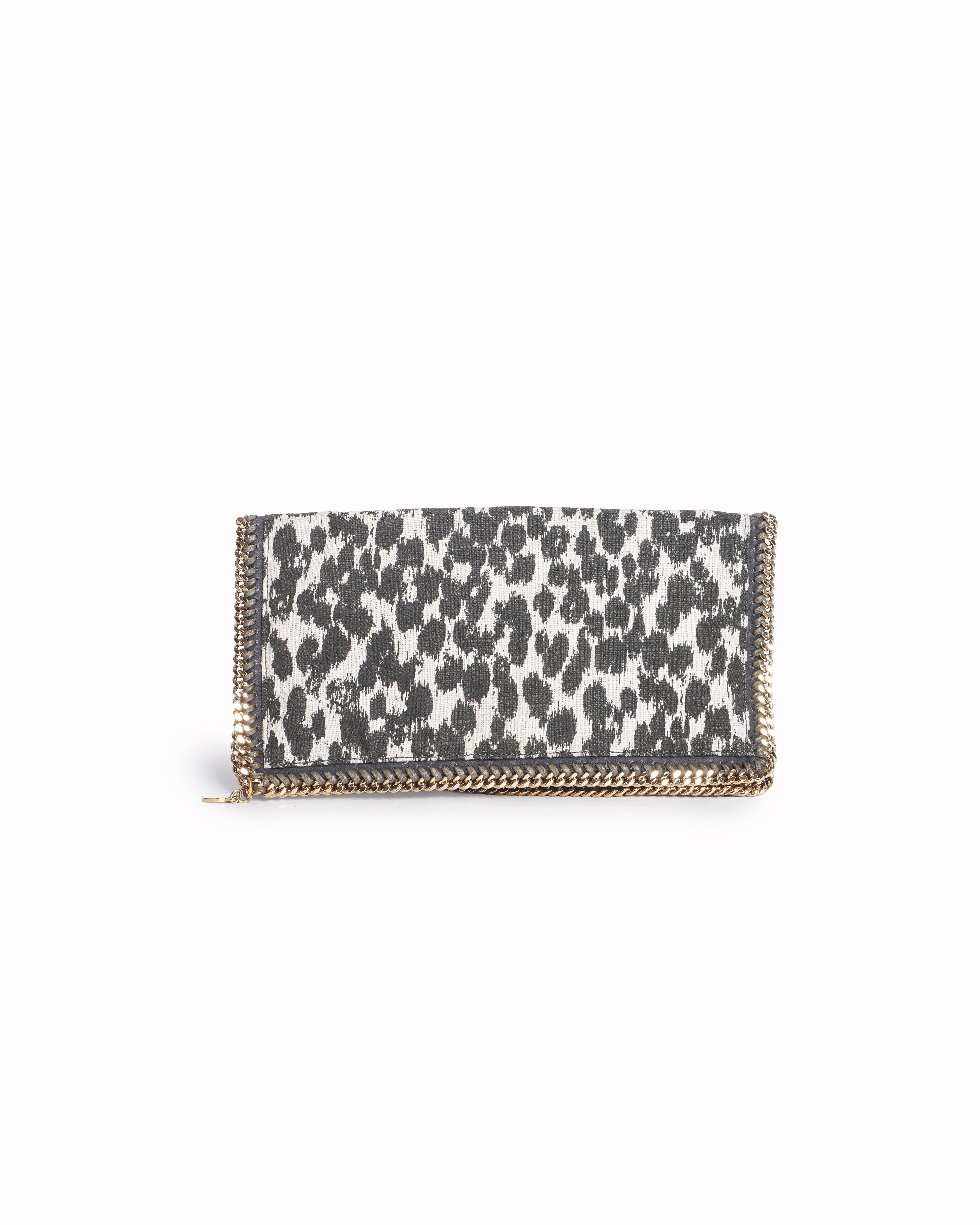 Stella McCartney Linen Leopard Small Falabella Black White Fold Over Wallet
