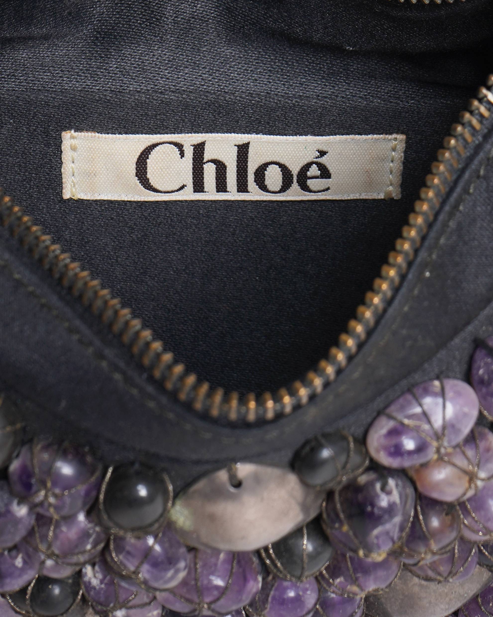 Chloé black satin stone beads embellished hobo bag