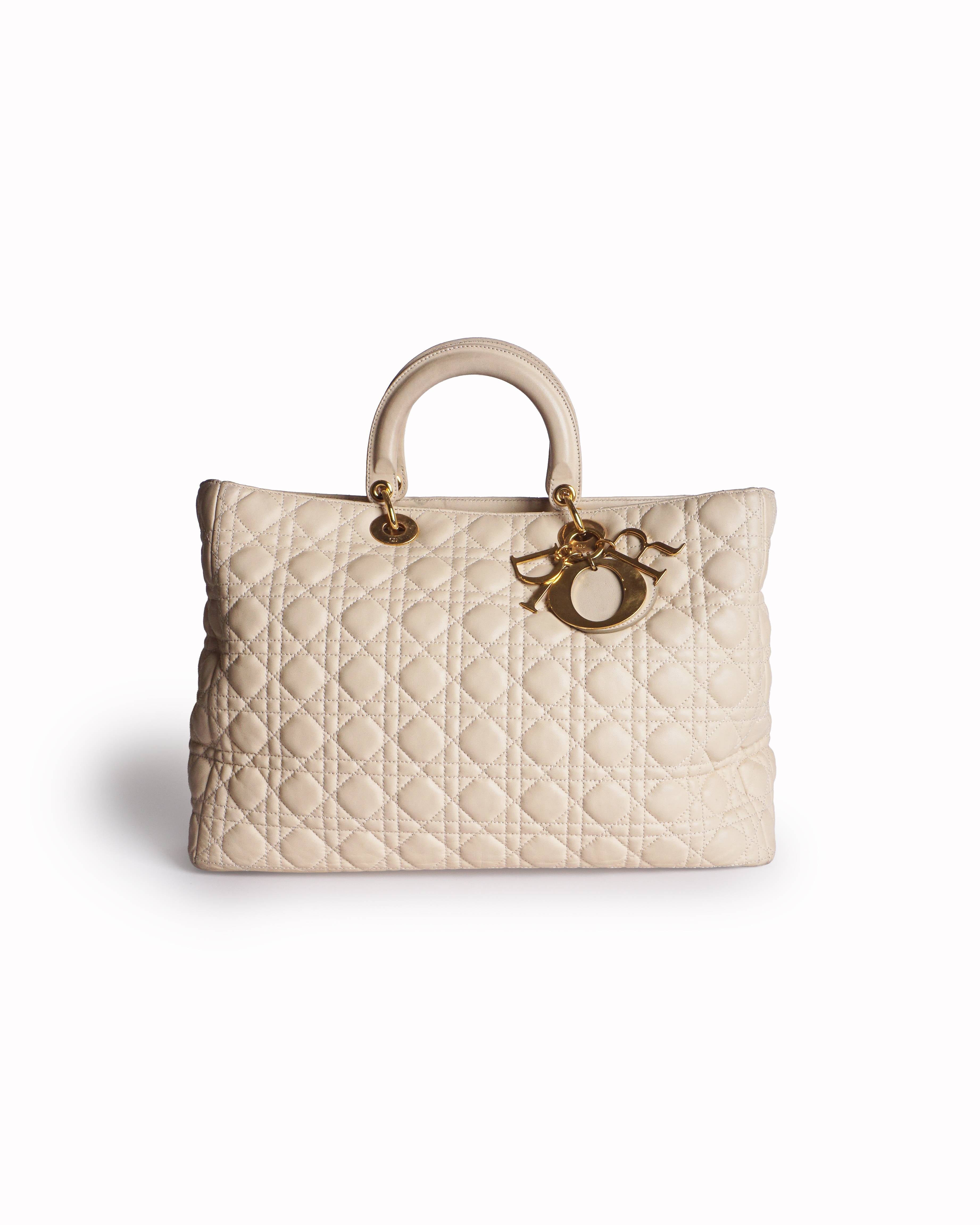 Christian Dior Cream Quilted Cannage Leather Large Top Handle Bag