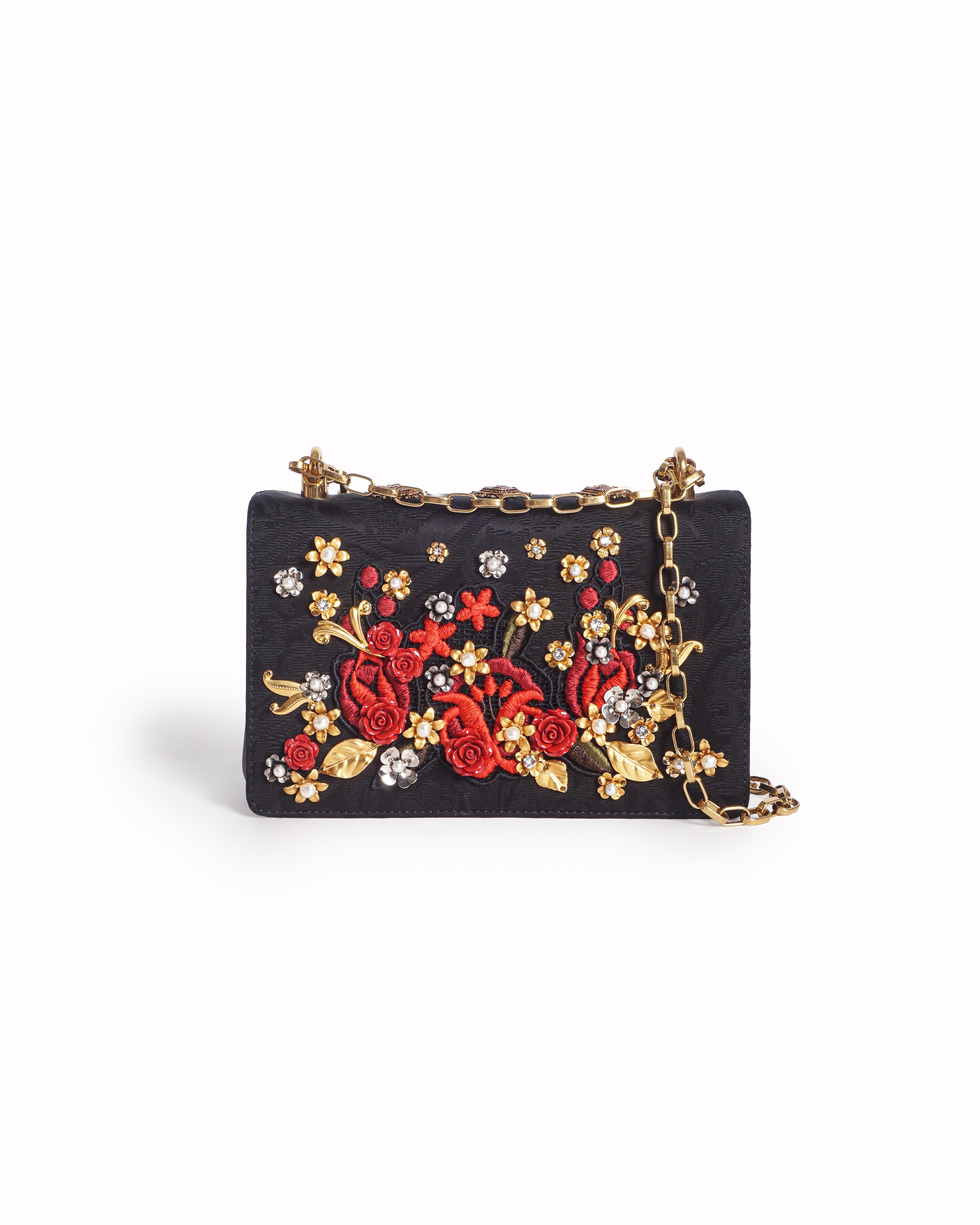 Dolce & Gabbana Black Rose Embellished Brocade Shoulder Bag