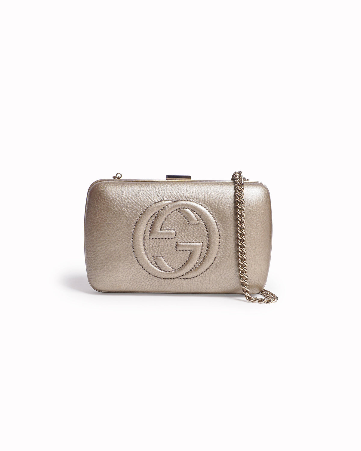 Gucci Metallic Champagne Gold Leather Soho GG Box Clutch