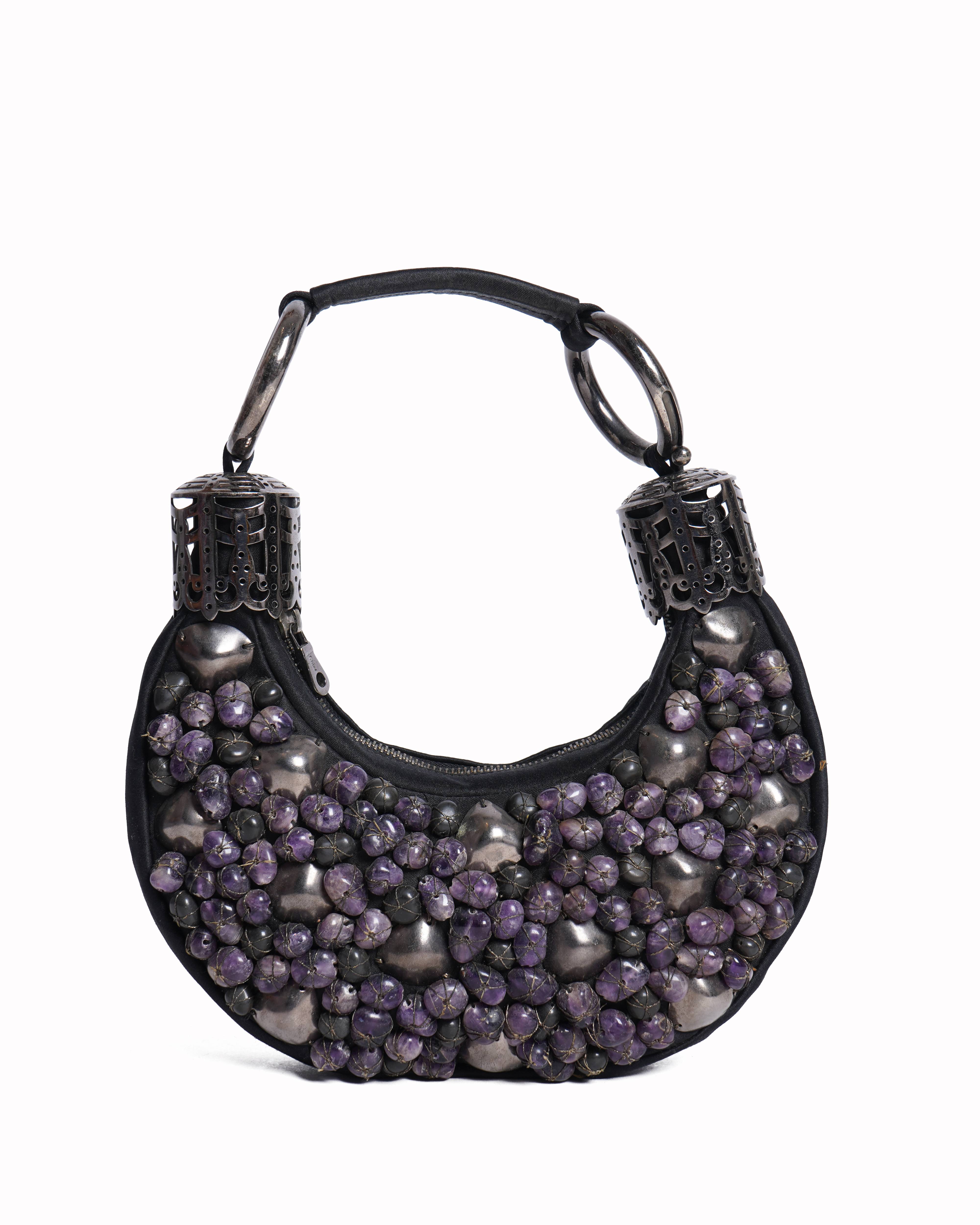 Chloé black satin stone beads embellished hobo bag