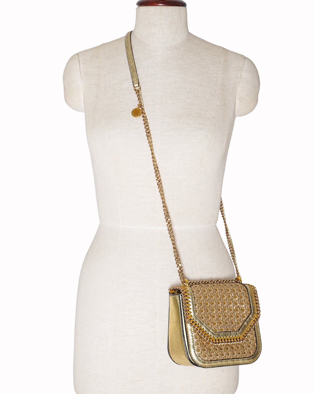 Stell McCartney Metallic Gold Wicker Faux leather Flabella Box Shoulder Bag