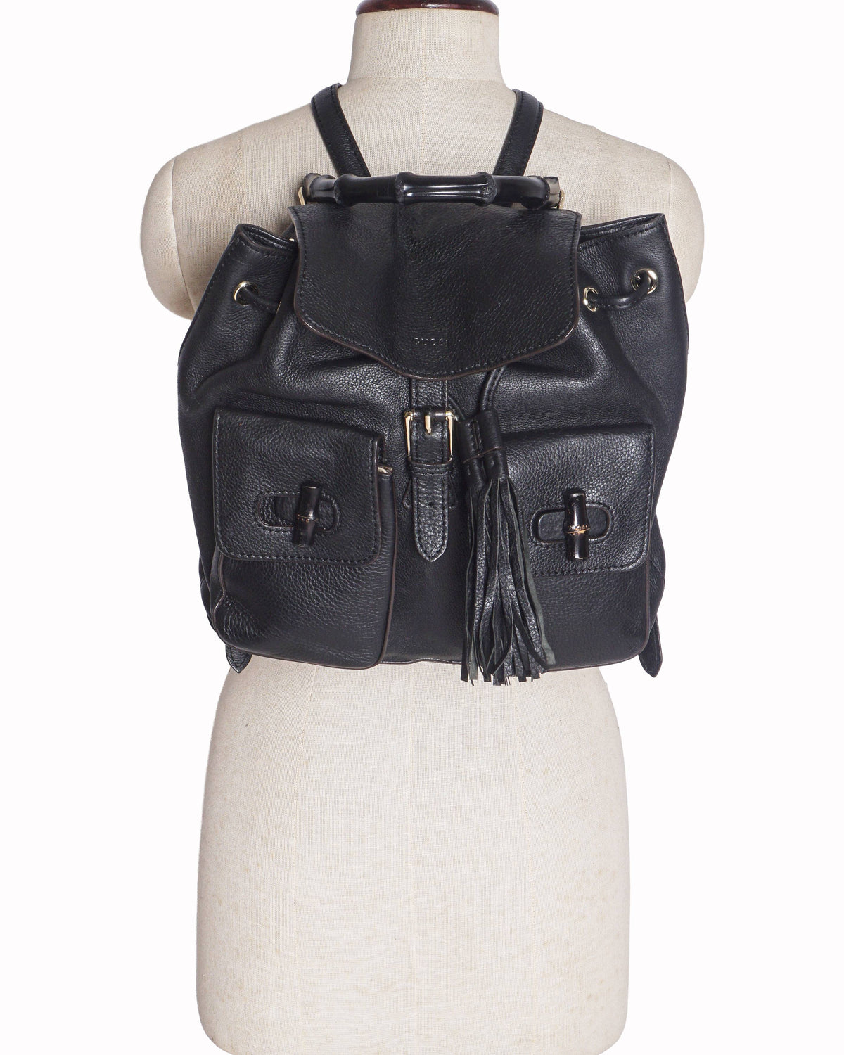 Gucci Black Pebbled Leather Bamboo Tassel Backpack