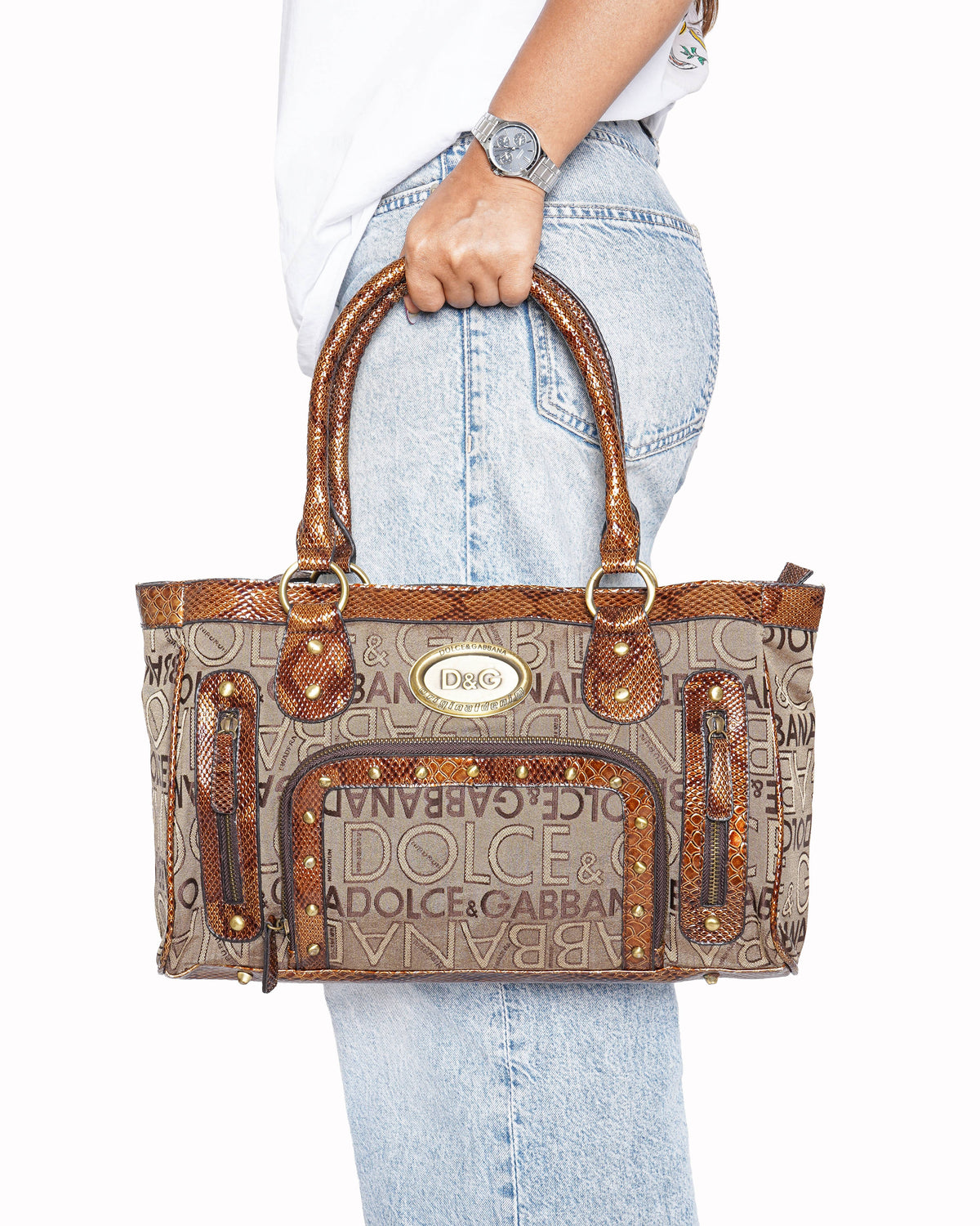 Vintage Dolce & Gabbana Monogram Canvas Studded Shoulder Bag