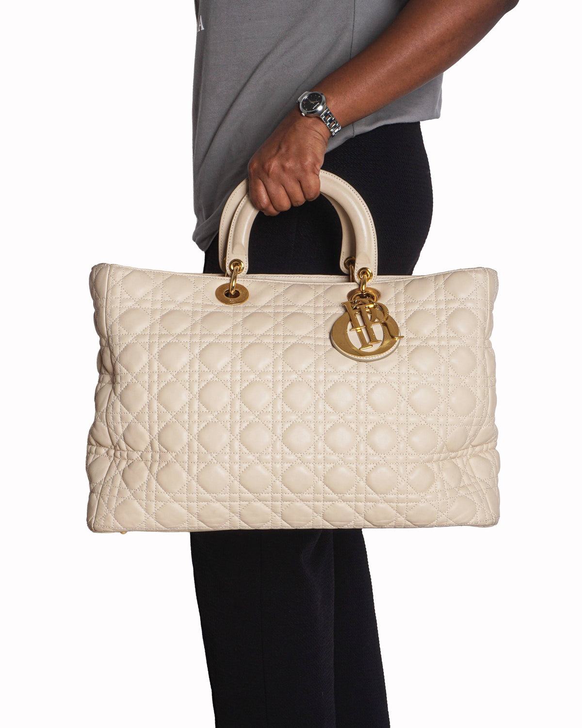 Christian Dior Cream Quilted Cannage Leather Large Top Handle Bag