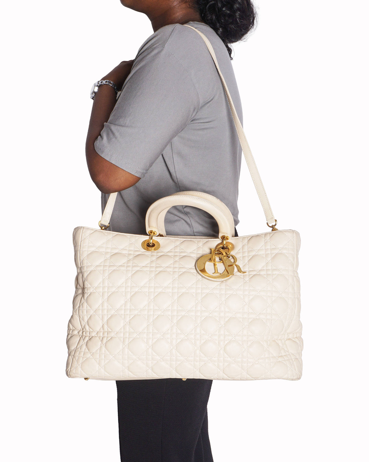 Christian Dior Cream Quilted Cannage Leather Large Top Handle Bag