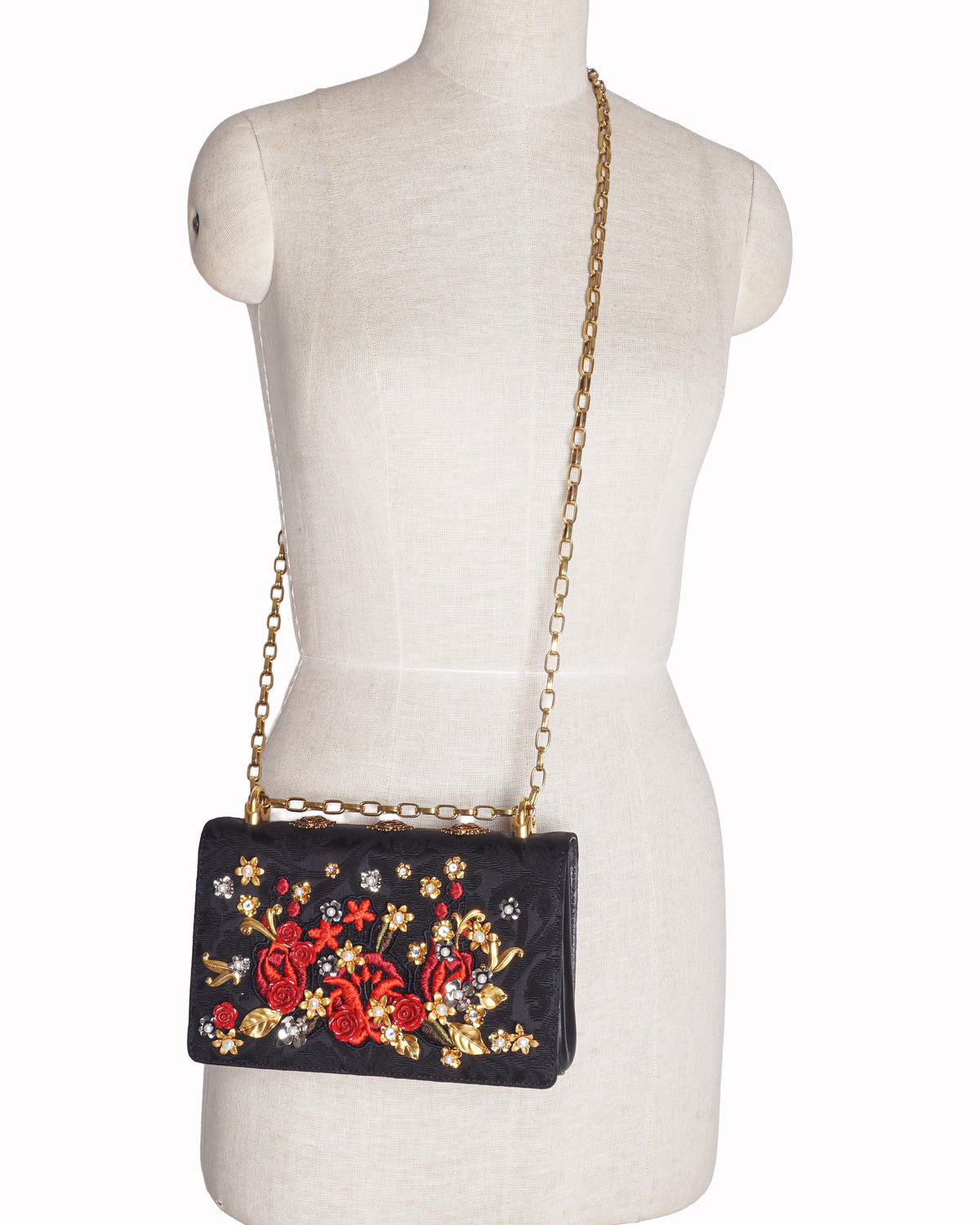 Dolce & Gabbana Black Rose Embellished Brocade Shoulder Bag