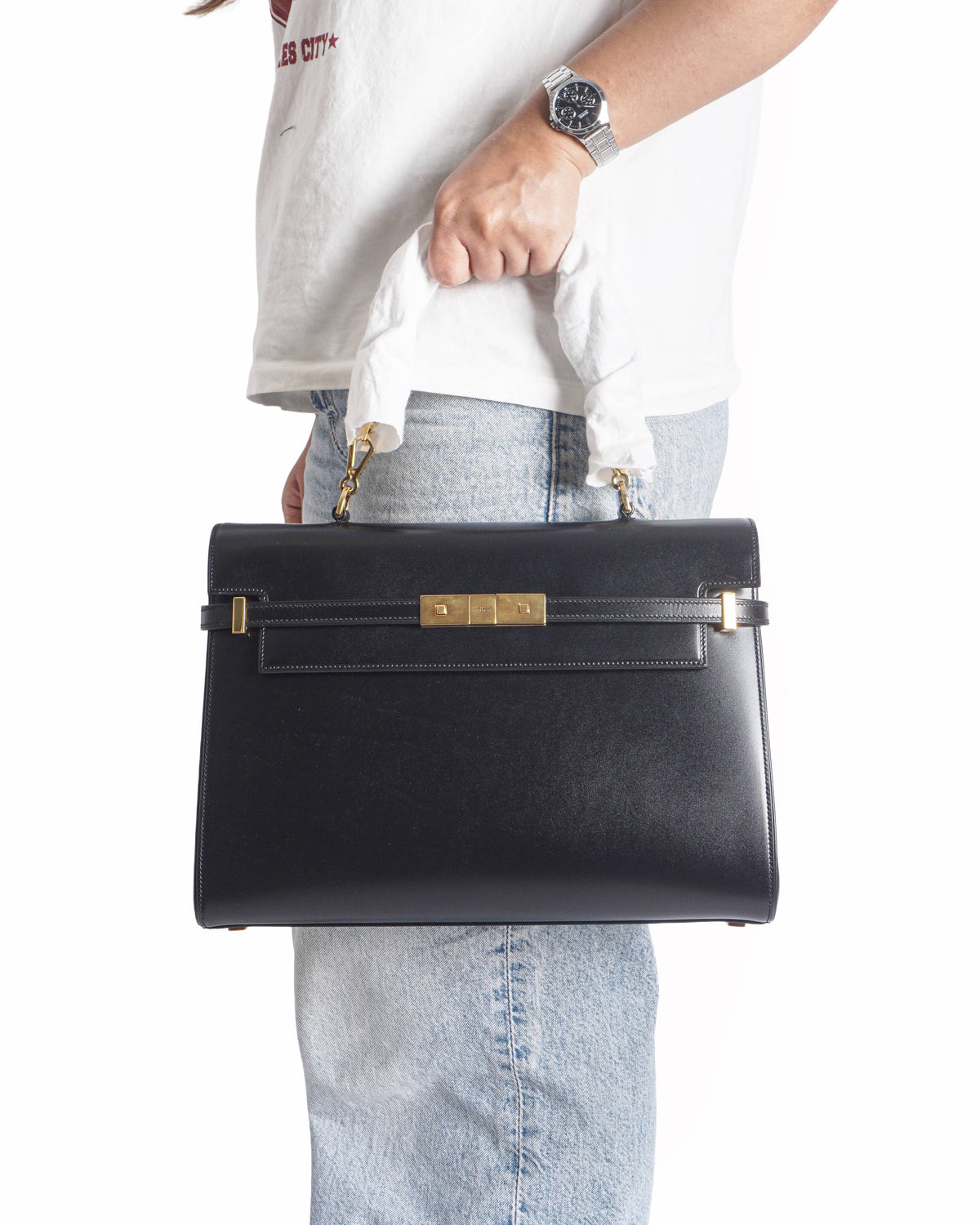 Saint Laurent Medium Manhattan Black Leather Flap Satchel Bag