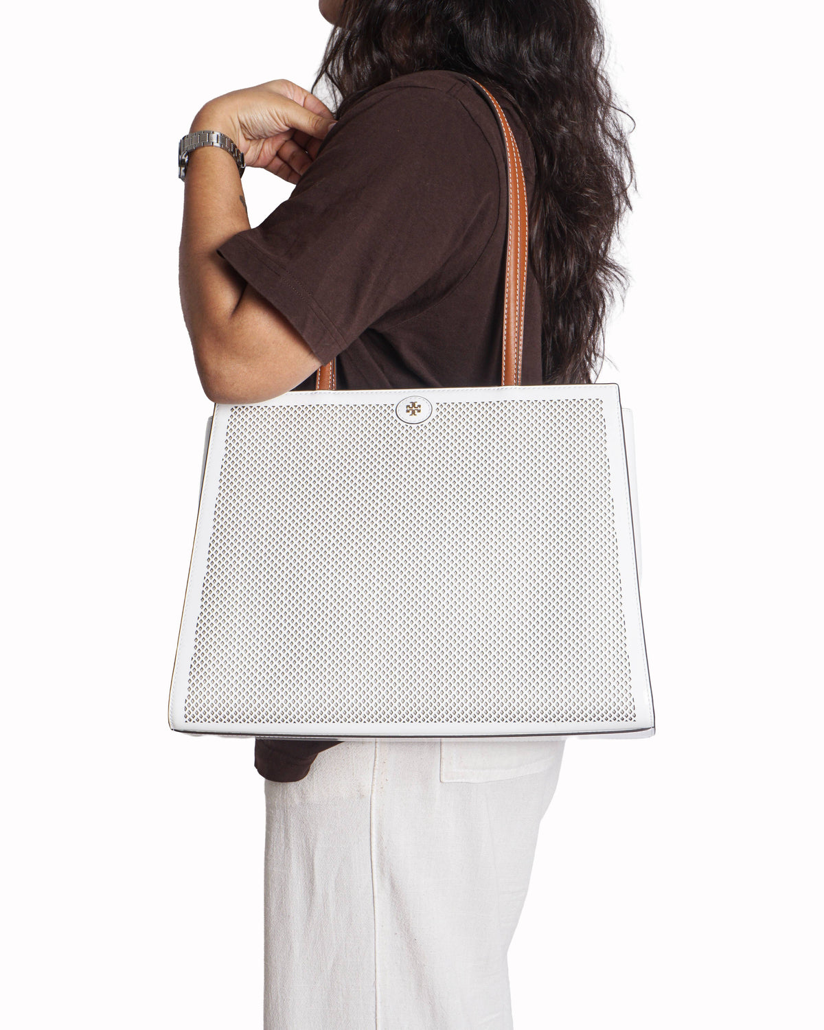 Tory Burch White Perforated Leather Structured Tote Bag