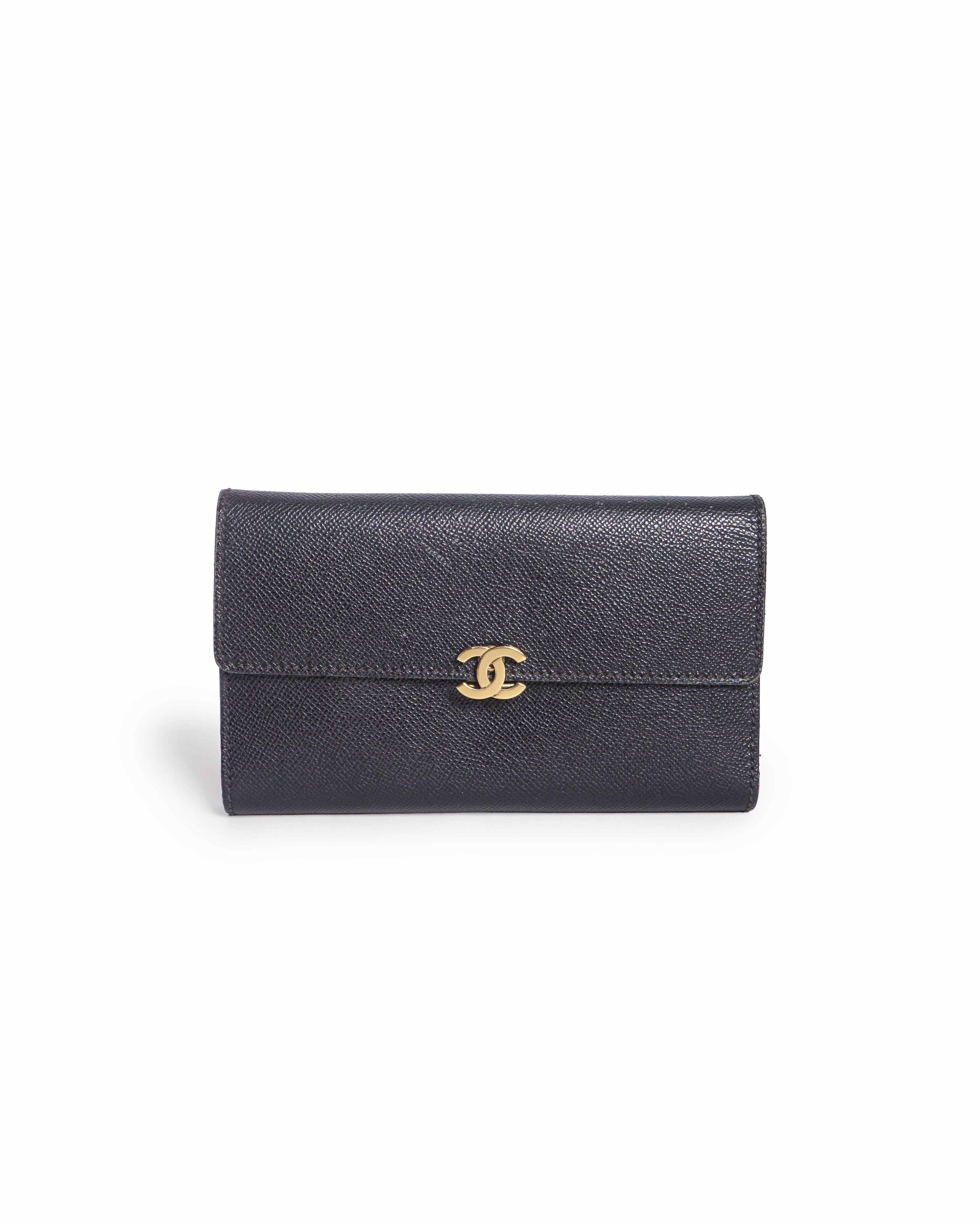 Chanel Classic Flap Long Wallet Black Caviar Leather Gold CC