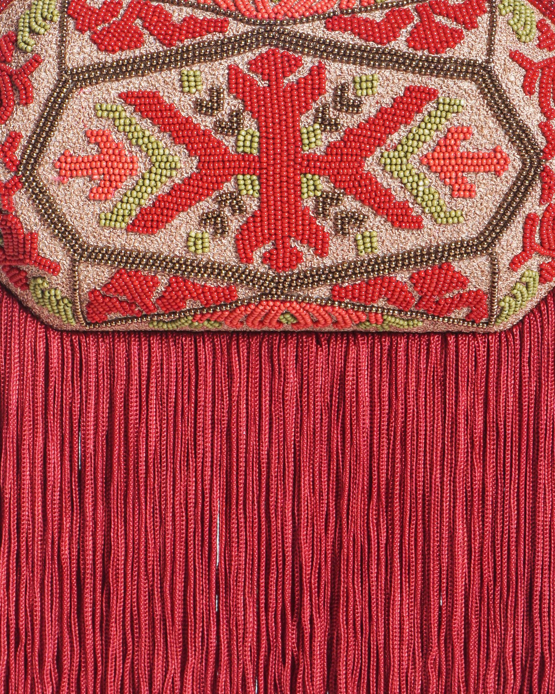 Tarun Tahiliani Red Beaded Fringe Top-Handle Clutch