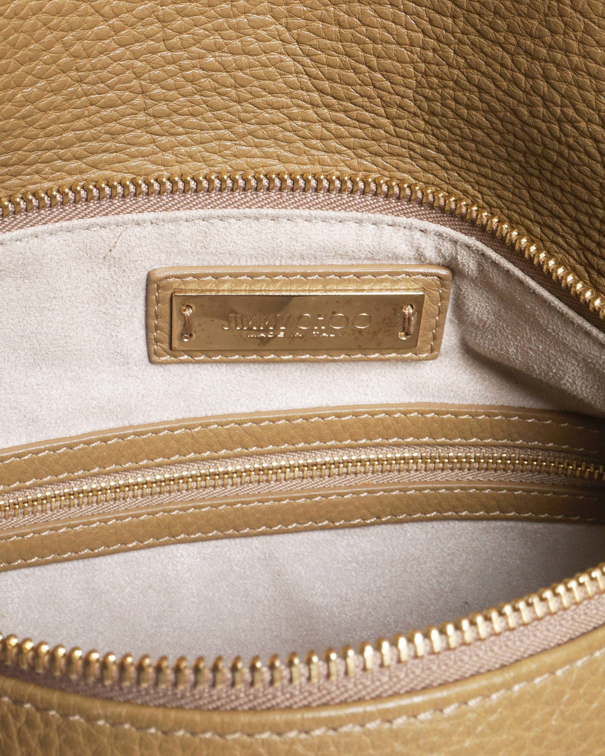 Jimmy Choo Beige Pebbled Leather Gold Logo Shoulder Bag