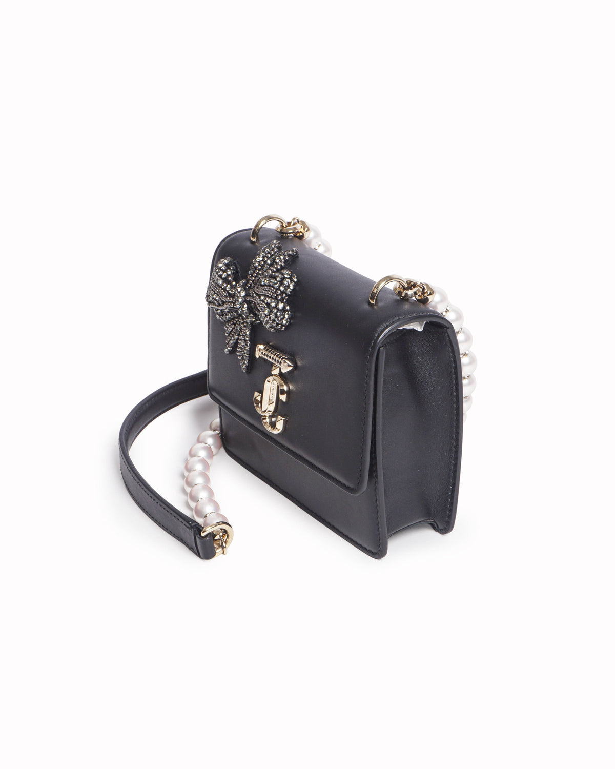 Jimmy Choo Varenne Black Leather Crystal Bow Shoulder Bag