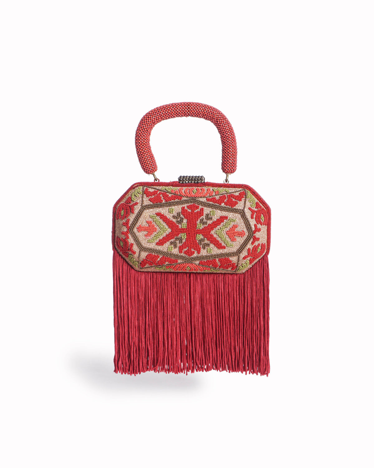 Tarun Tahiliani Red Beaded Fringe Top-Handle Clutch