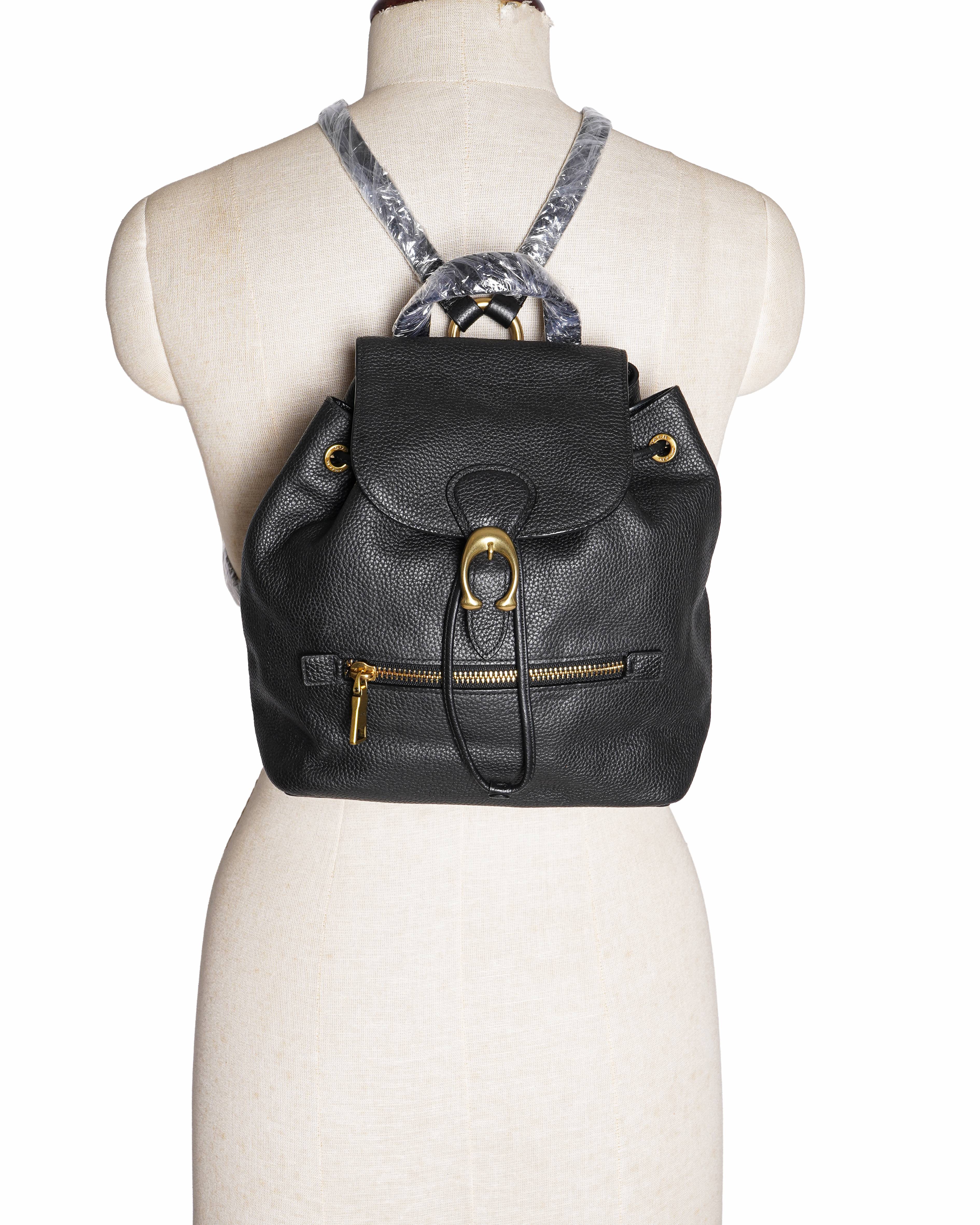 Coach Black Leather Drawstring Backpack