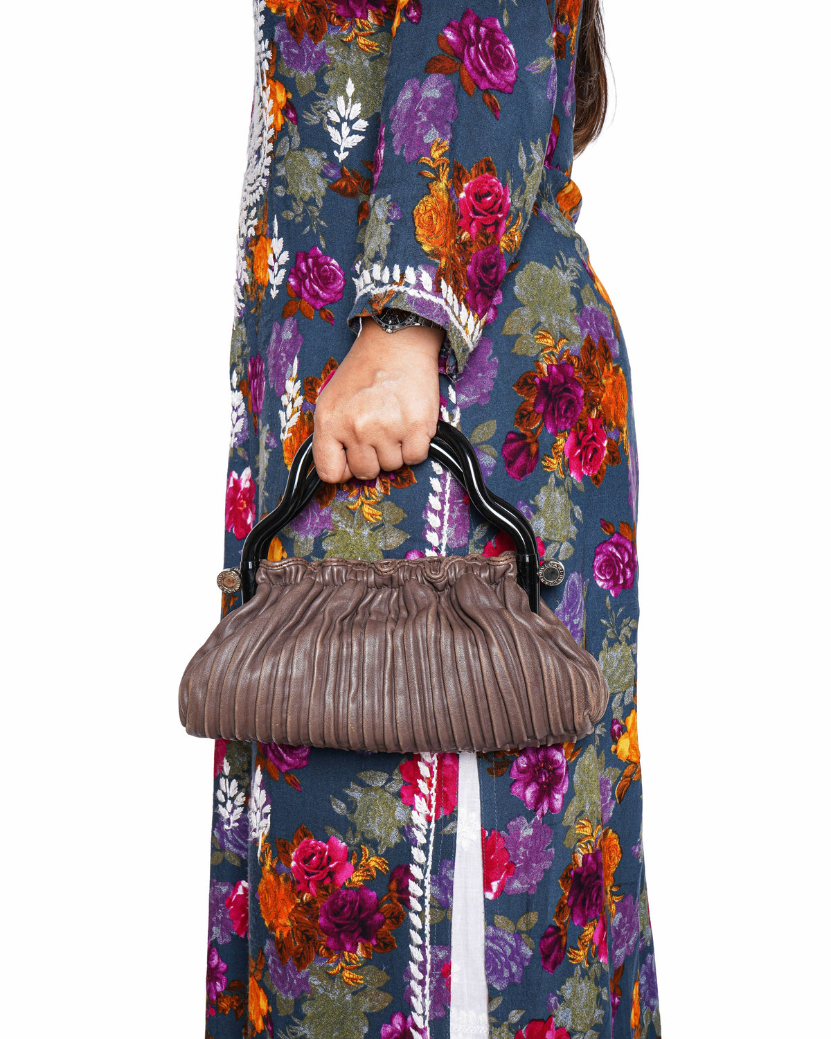 Bvlgari brown leather pleated handle bag