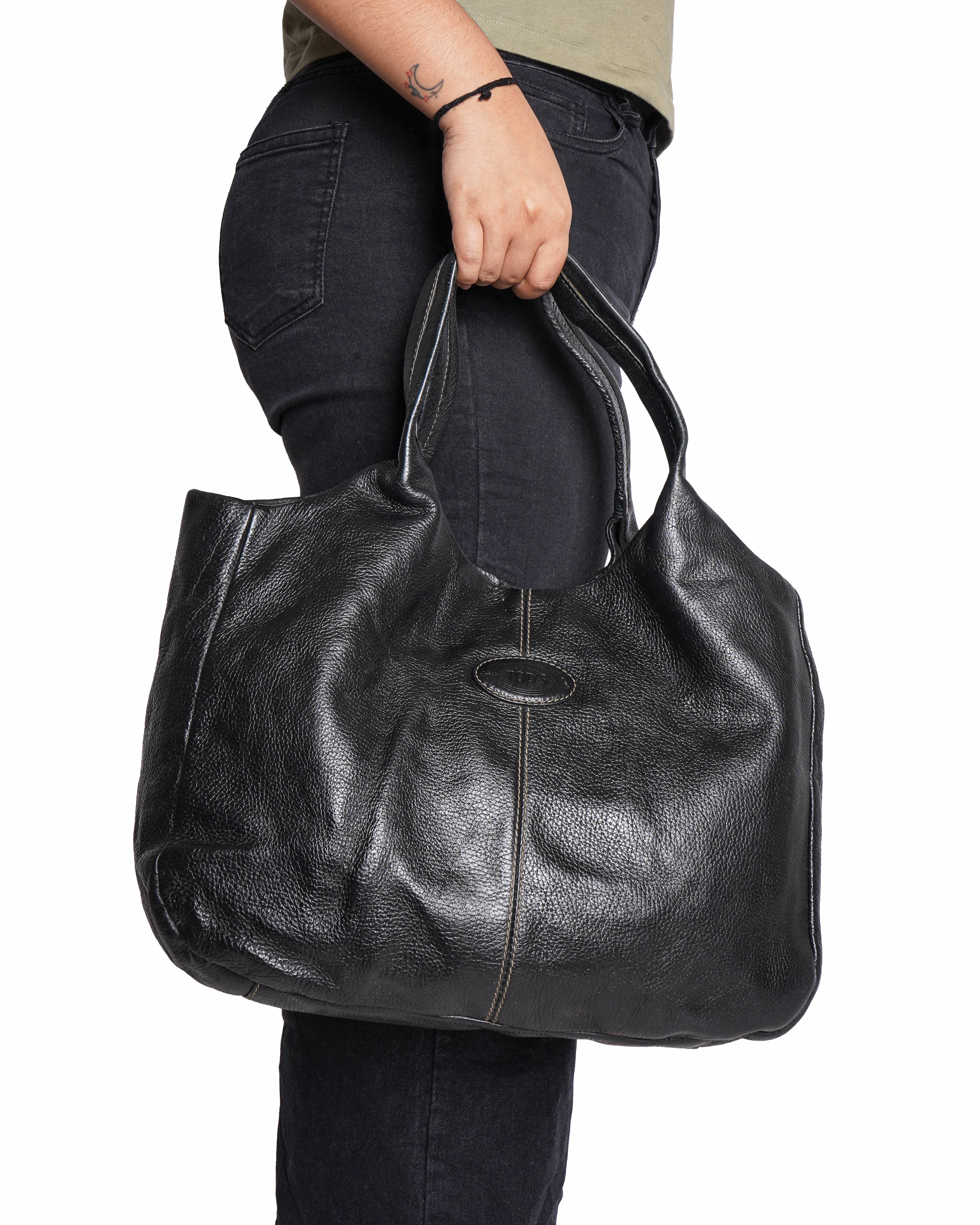 Tod's black leather shoulder tote bag
