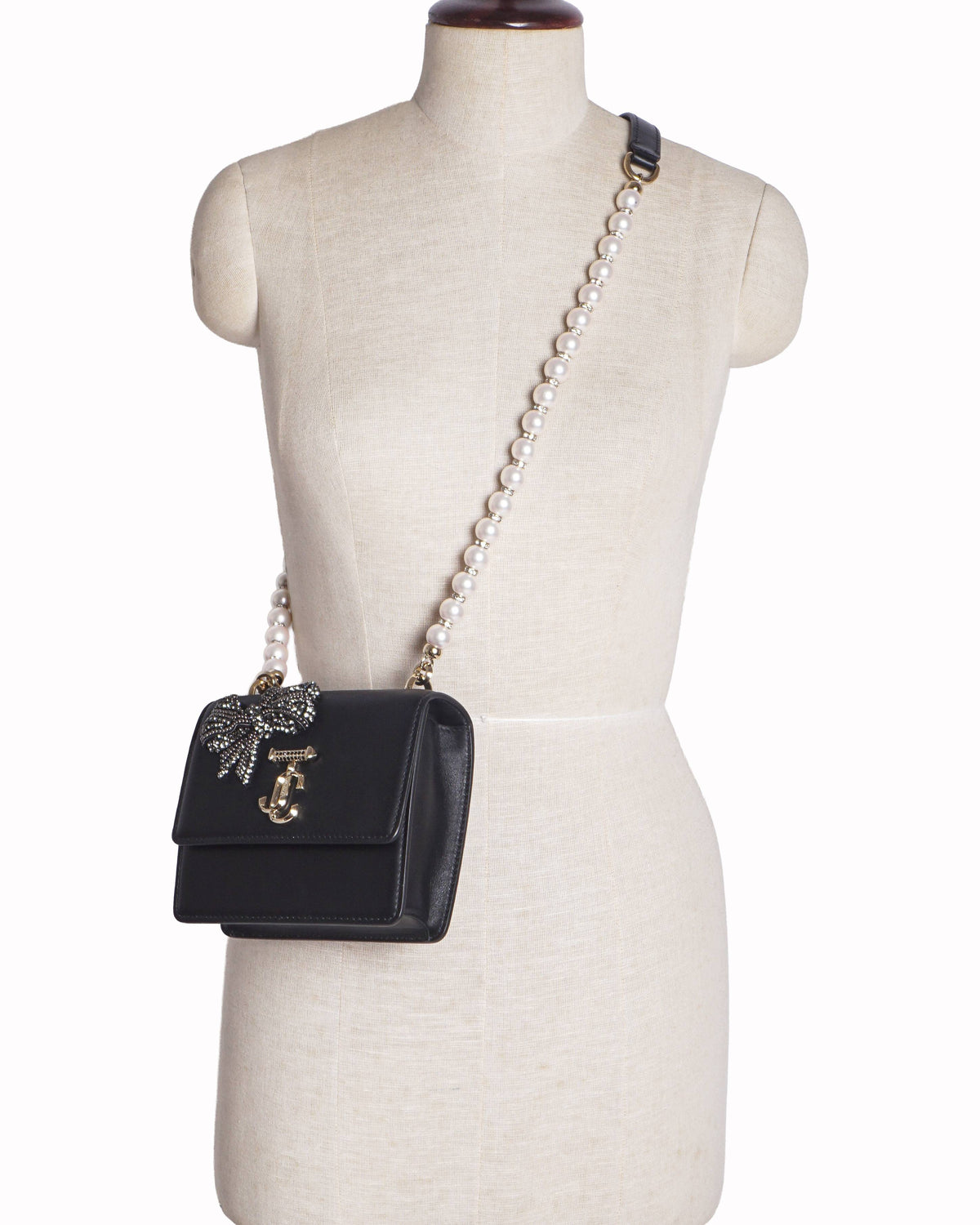 Jimmy Choo Varenne Black Leather Crystal Bow Shoulder Bag