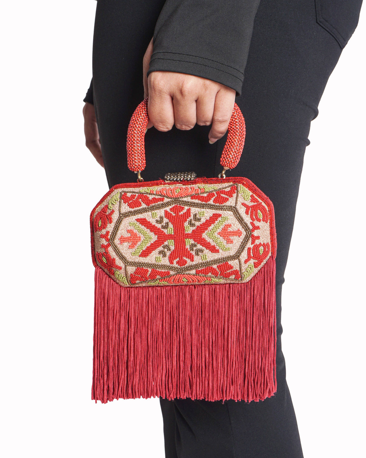 Tarun Tahiliani Red Beaded Fringe Top-Handle Clutch