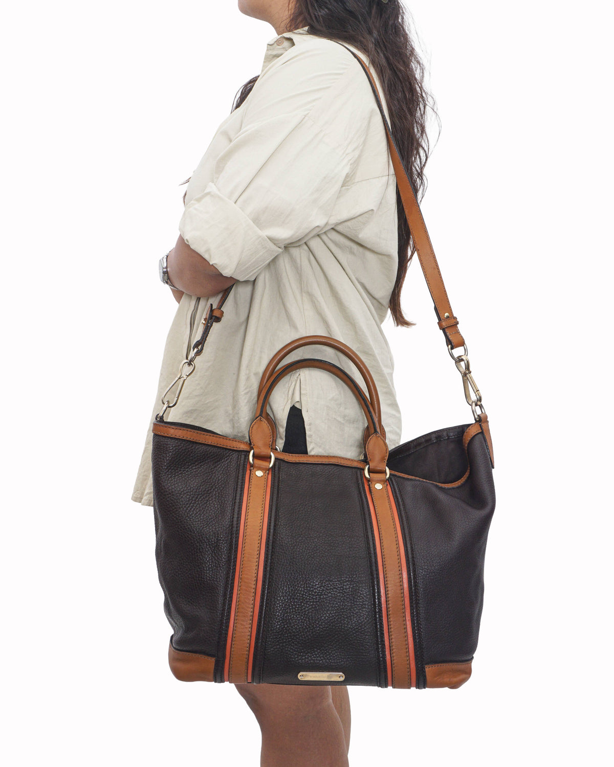 Burberry Dark Brown Pebbled Leather Striped Tote Bag