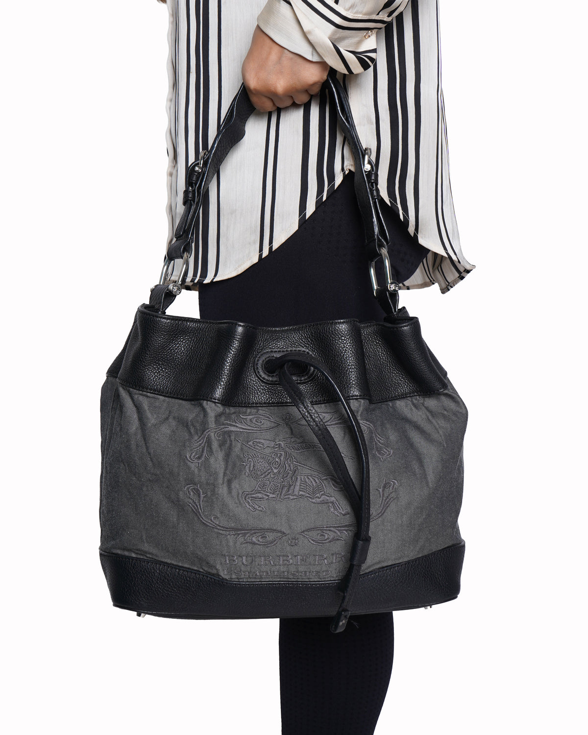 Burberry 1856 black leather and canvas drawstring bucket bag