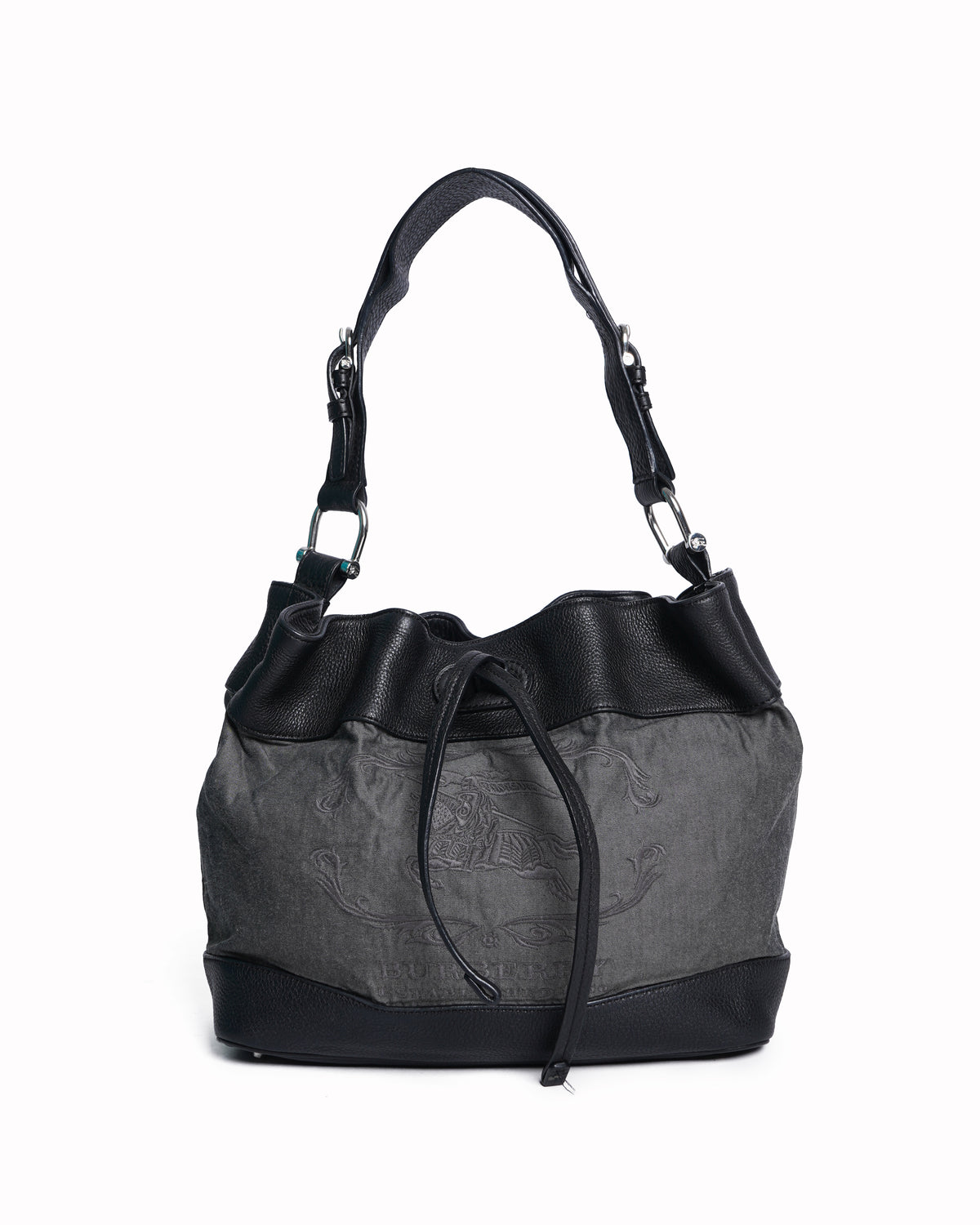 Burberry 1856 black leather and canvas drawstring bucket bag