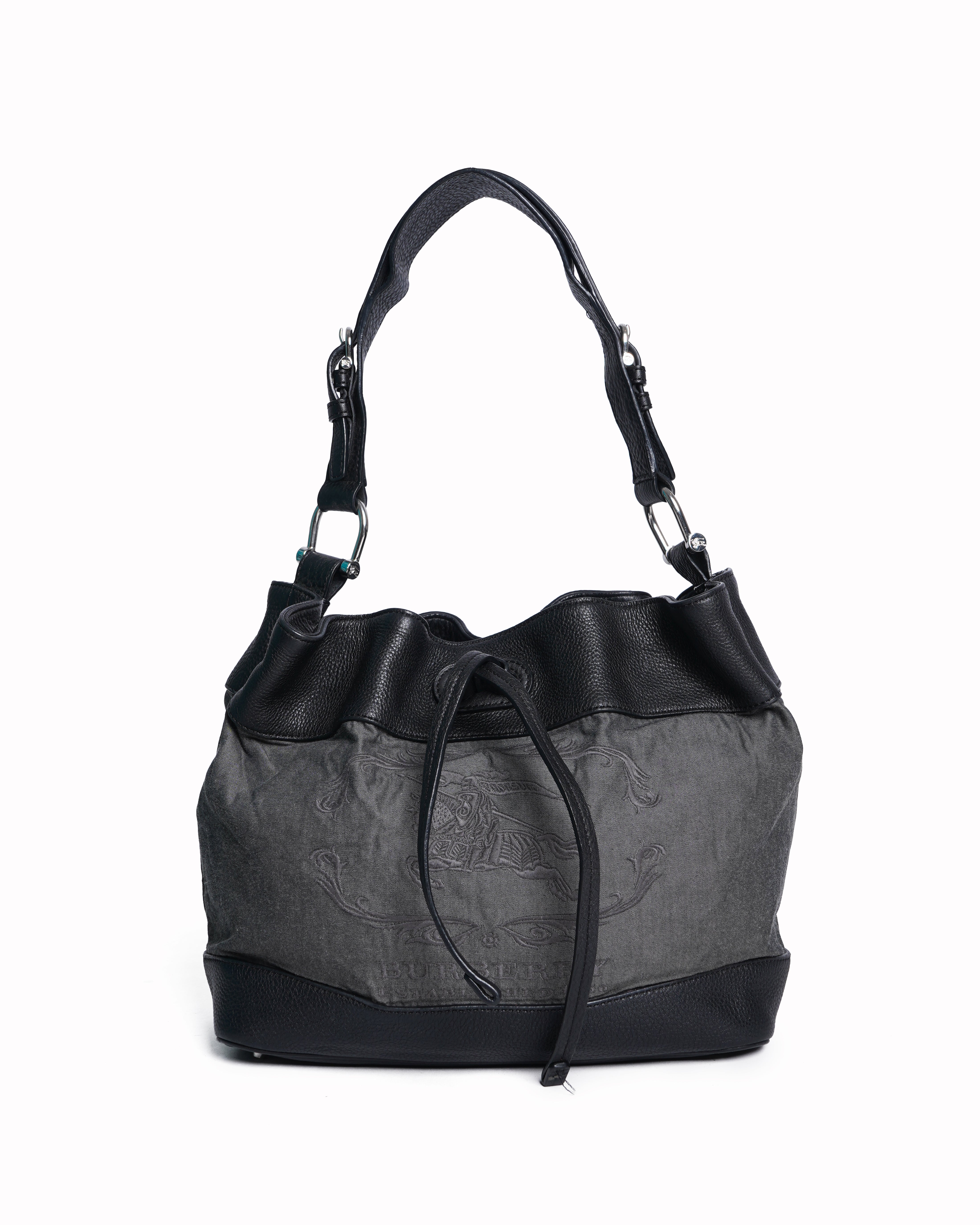 Burberry 1856 black leather and canvas drawstring bucket bag