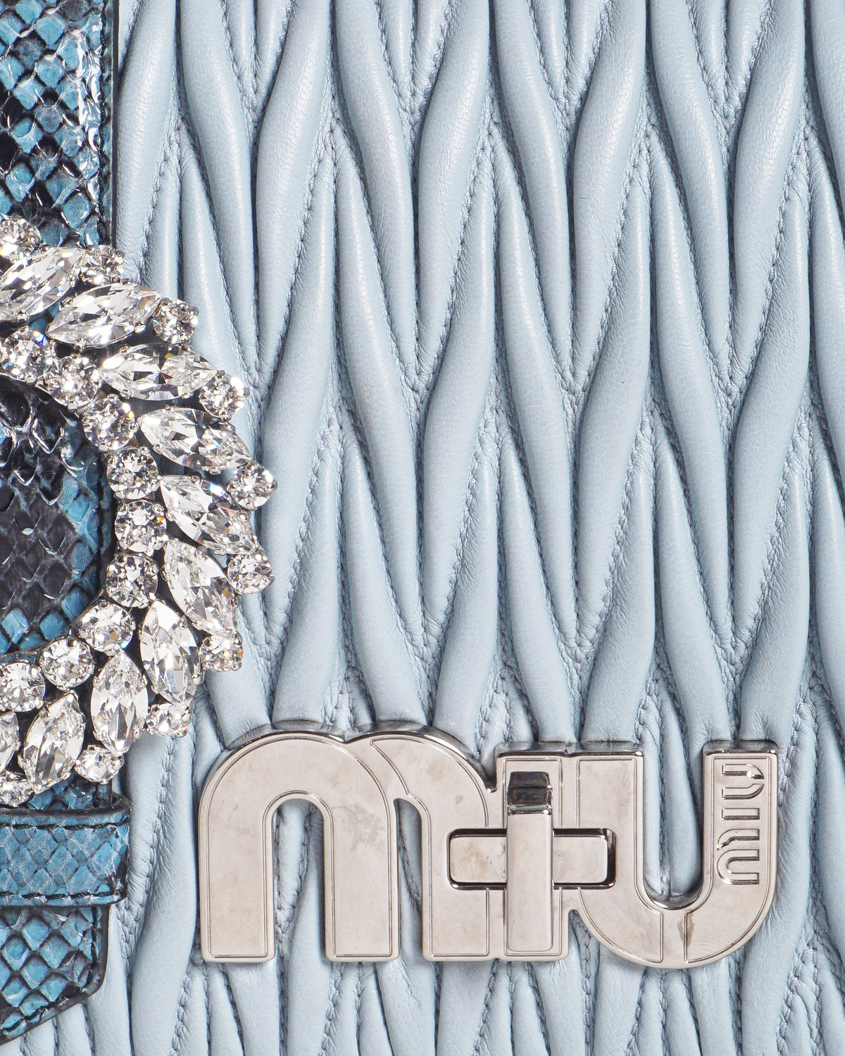 Miu Miu Light Blue Matelassé Leather Crystal Buckle Crossbody Bag