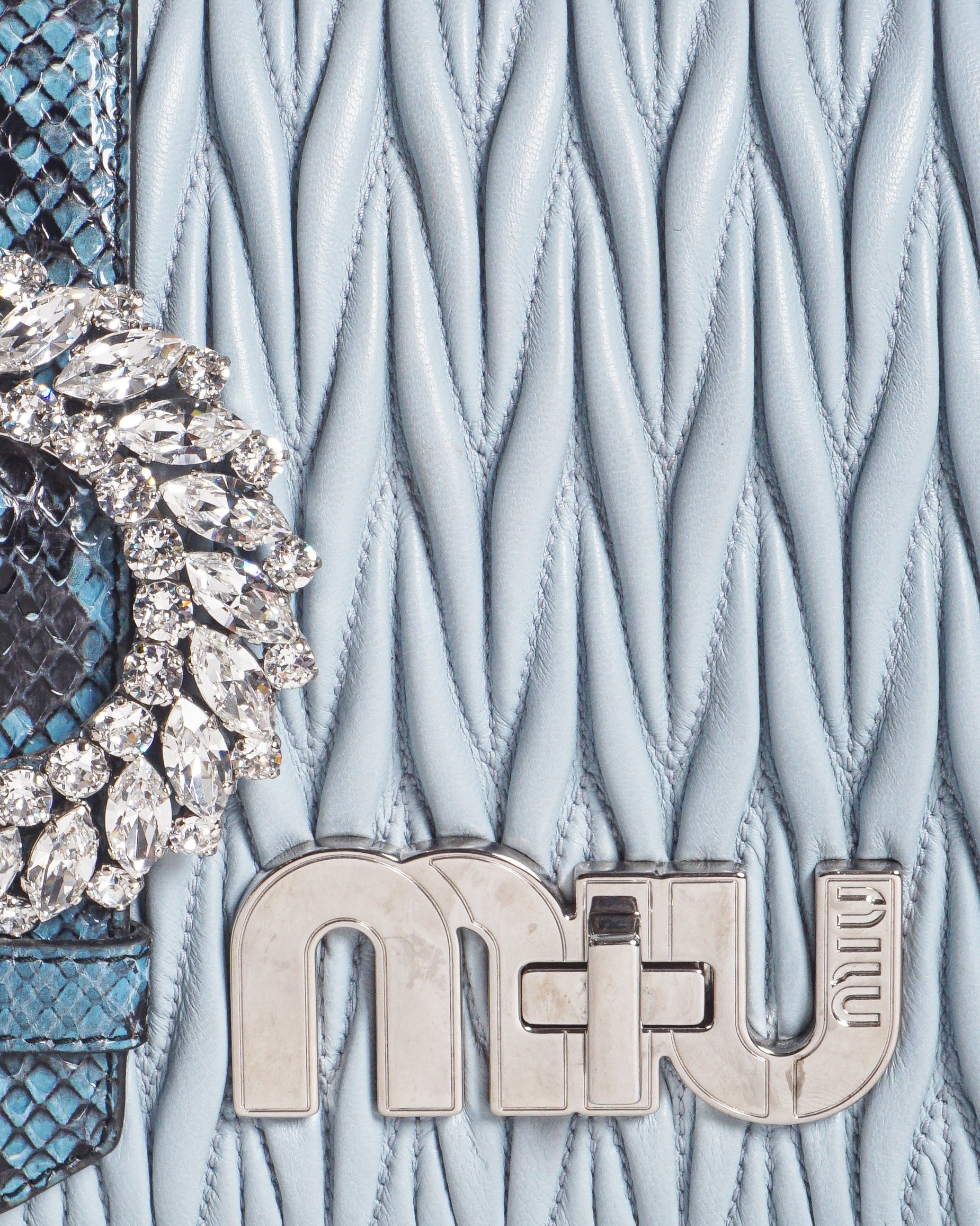 Miu Miu Light Blue Matelassé Leather Crystal Buckle Crossbody Bag
