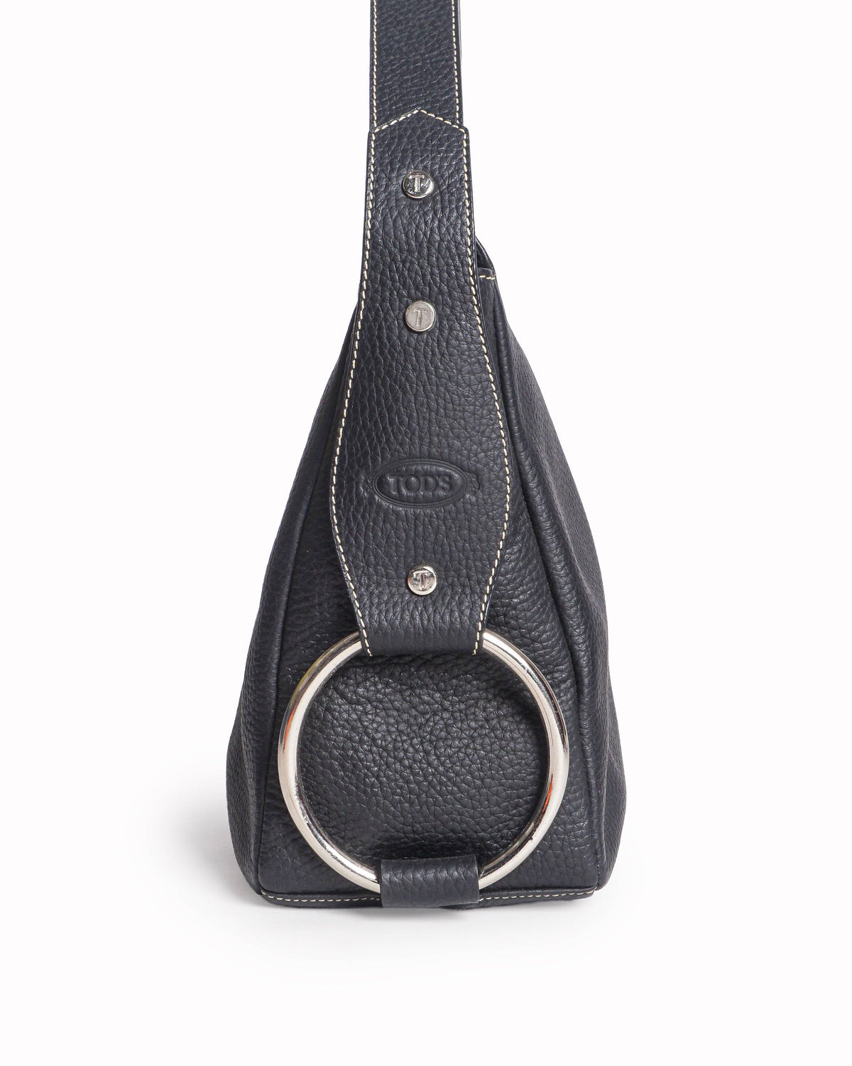 Tod's Black Pebbled Leather Contrast Stitched Shoulder Bag