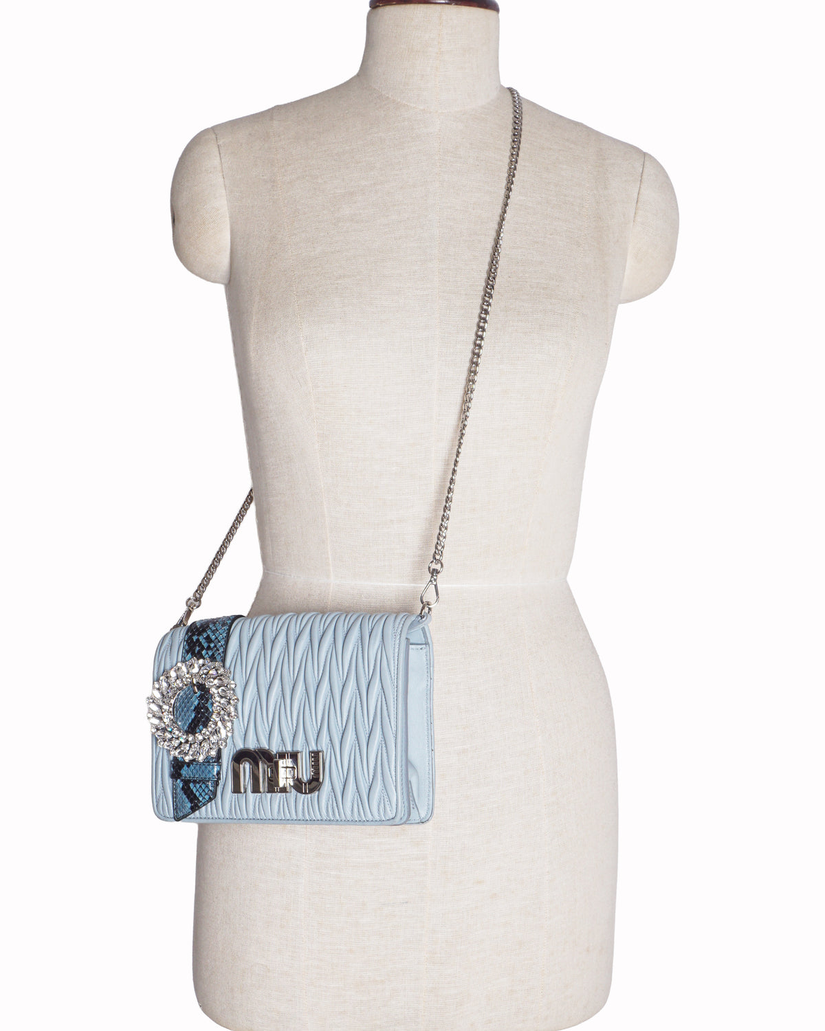 Miu Miu Light Blue Matelassé Leather Crystal Buckle Crossbody Bag