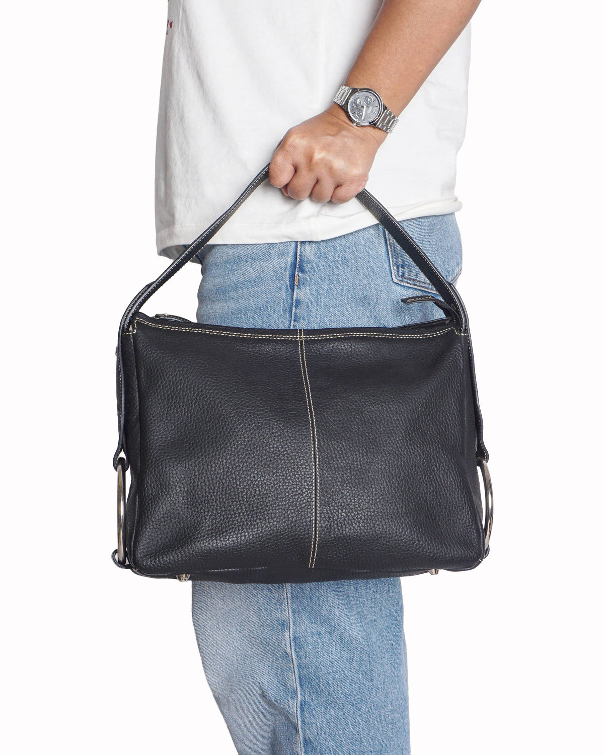 Tod's Black Pebbled Leather Contrast Stitched Shoulder Bag