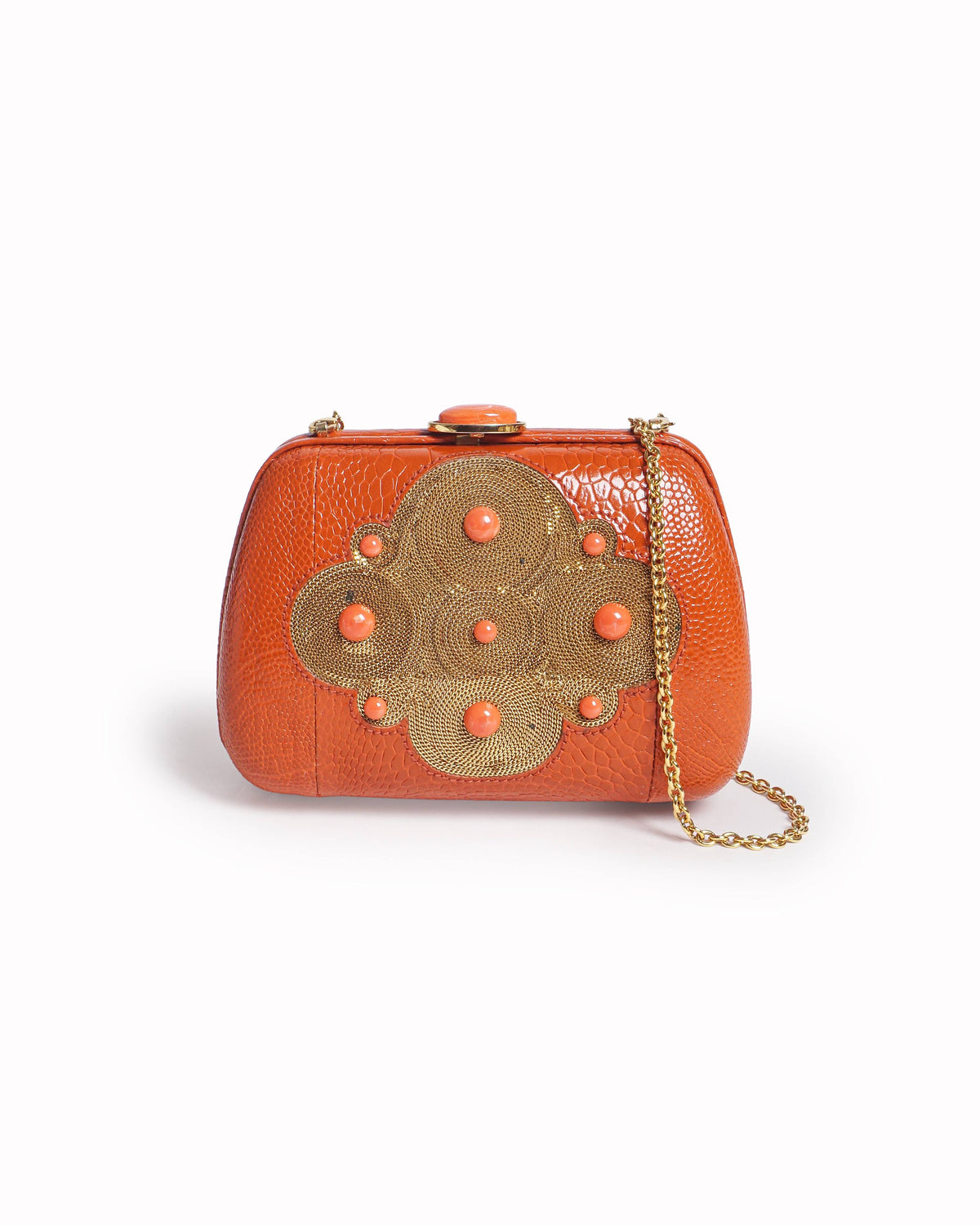 Christian Dior Vintage Orange Leather Embroidered Clutch